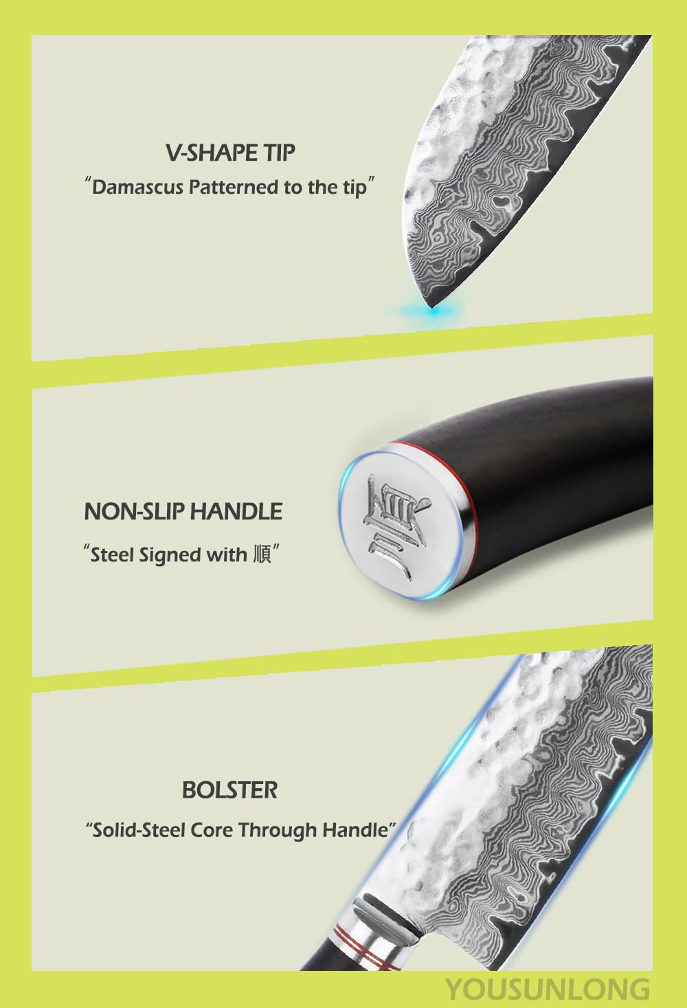YOUSUNLONG Coltello Santoku - Coltello da cucina, 177 mm - Coltello da chef professionale - Damasco giapponese ad alto tenore di carbonio VG10 - Manico in ebano naturale con fodero in pelle