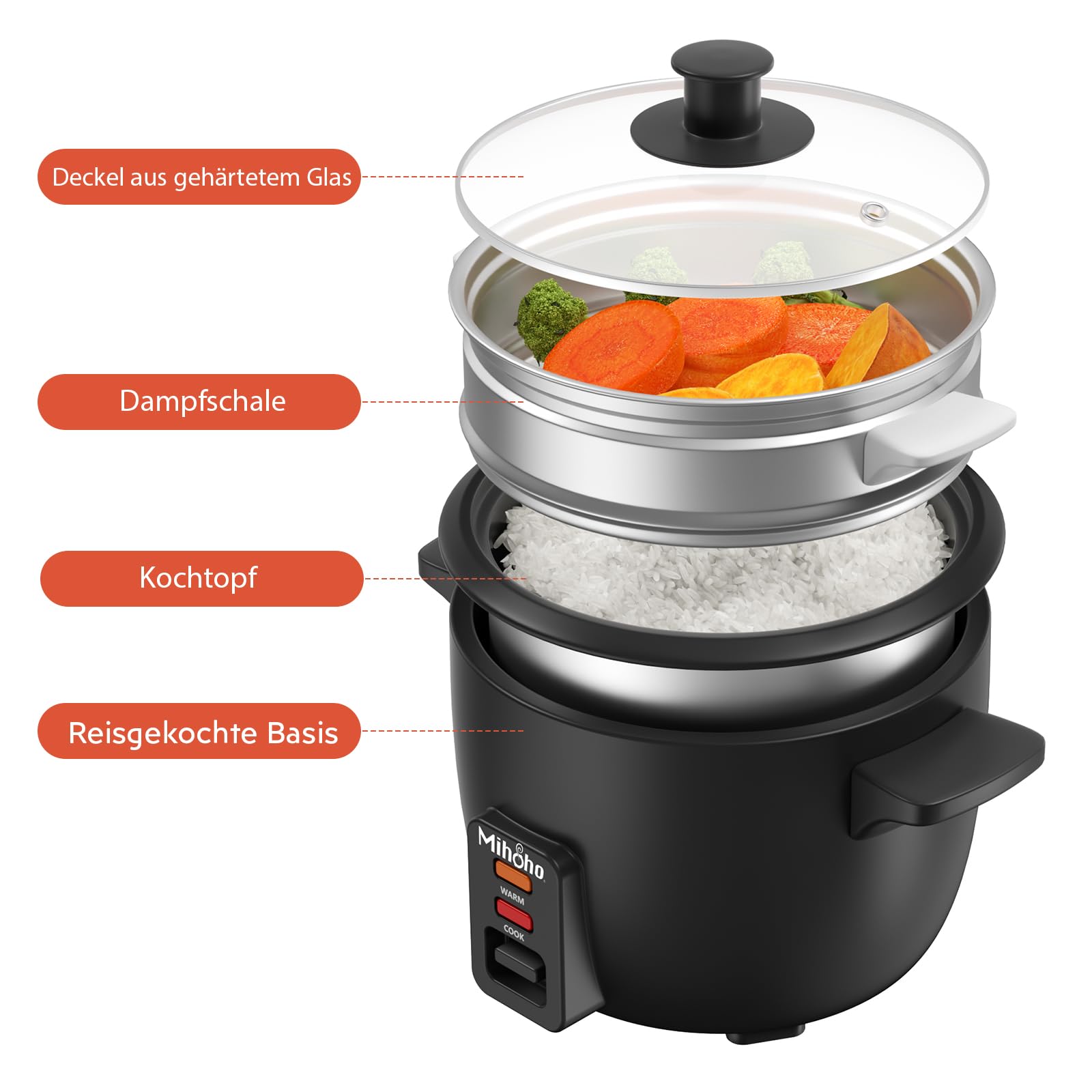 Reiskocher 1L, elektrischer Reiskocher Edelstahlschüssel mit Glasdeckel, Warmhaltefunktion |Dampfgarfunktion ，inkl Dämpfeinsatz, Löffel, Messbecher (schwarz F)