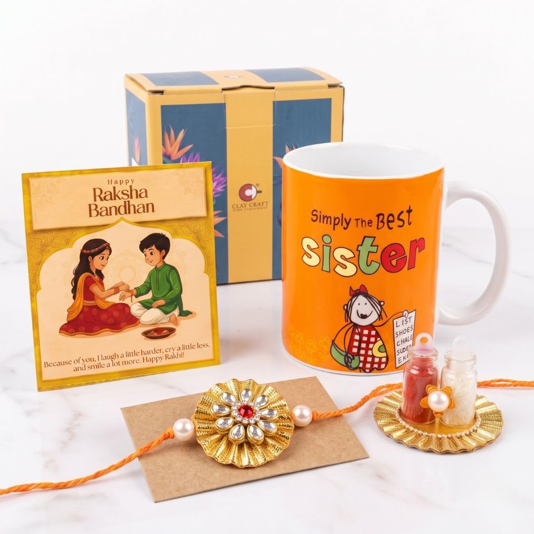 Clay Craft "Simply The Best Sister Printed Raksha bandhan Mug & Rakhi Gift Set Combo for Brother/Sister - (1 pc Mug + 1 Designer Hand-Made Rakhi + 1 Greeting Card + Cute Roli Chawal Bottles)