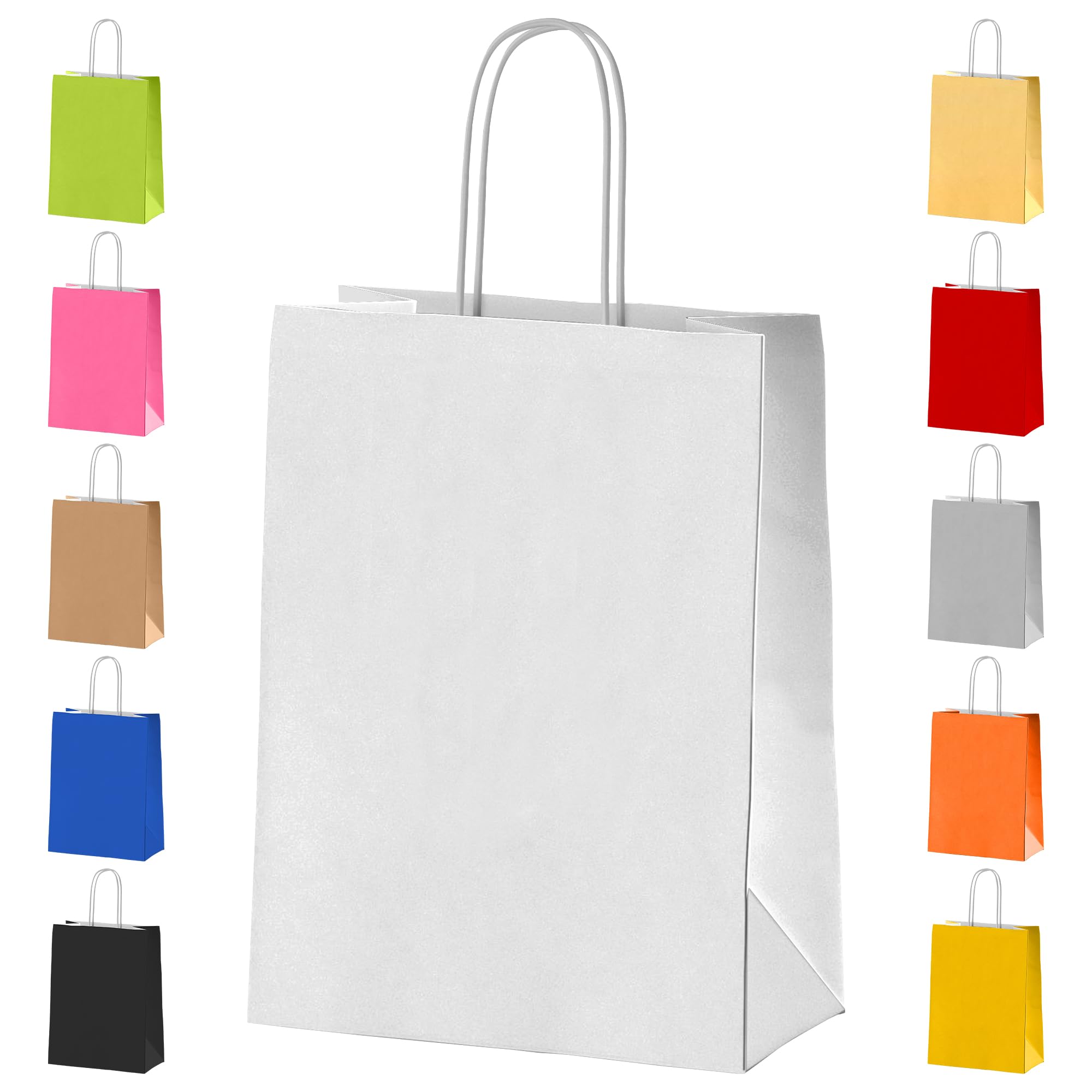 Paper Party Bags with Handles [ White ] 10x Gift Bags Small Colourful Carrier Paper Bags Goody Bags for Adults and Kids Parties Weddings Birthdays Baby Showers Xmas and Sweets 18x22x8cm Craft Bags