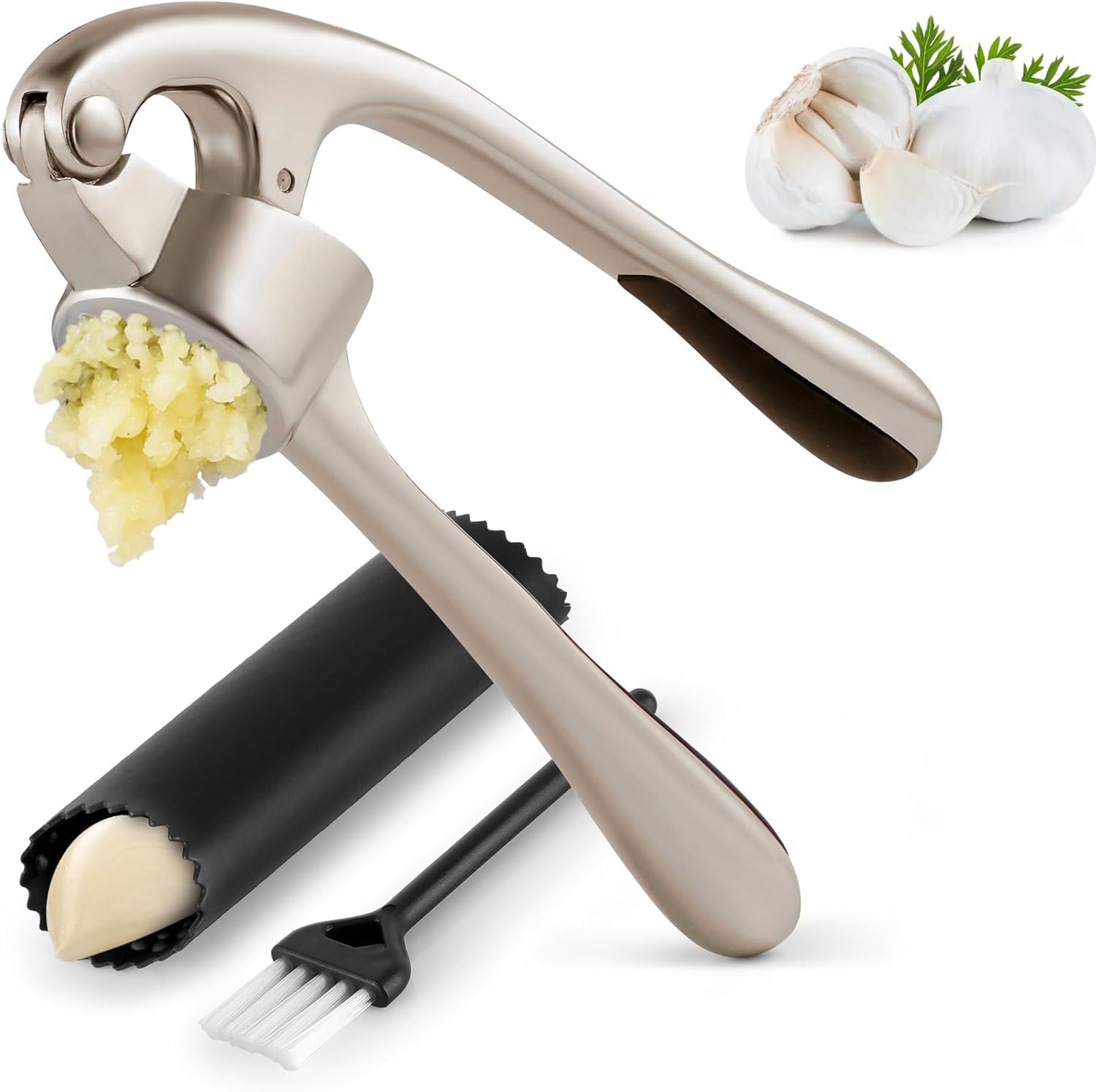 QUEENADA Kitchen Premium Garlic Press Set - Rust Proof & Dishwasher Safe Professional Garlic Mincer Tool with Soft,Silicone Garlic Peeler & Brush, Easy-Squeeze, Easy-Clean