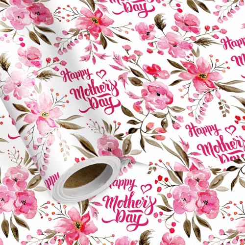 LeZakaa 13" Mother's Day Bag, Pink Floral Happy Mother's Day Bag with Greeting Card Tag & Tissue Paper, Elegant Flower Design Gift Bag for Mom Wife Grandma, 13" x 10" x 5", 1 Pc