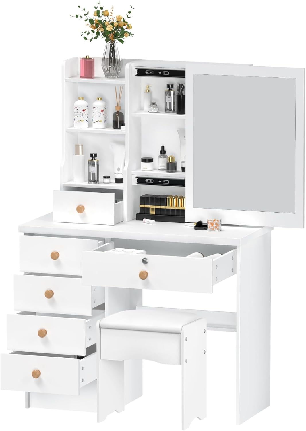 Fully assembled Shulemin Makeup Table with mirror, drawers, and stool