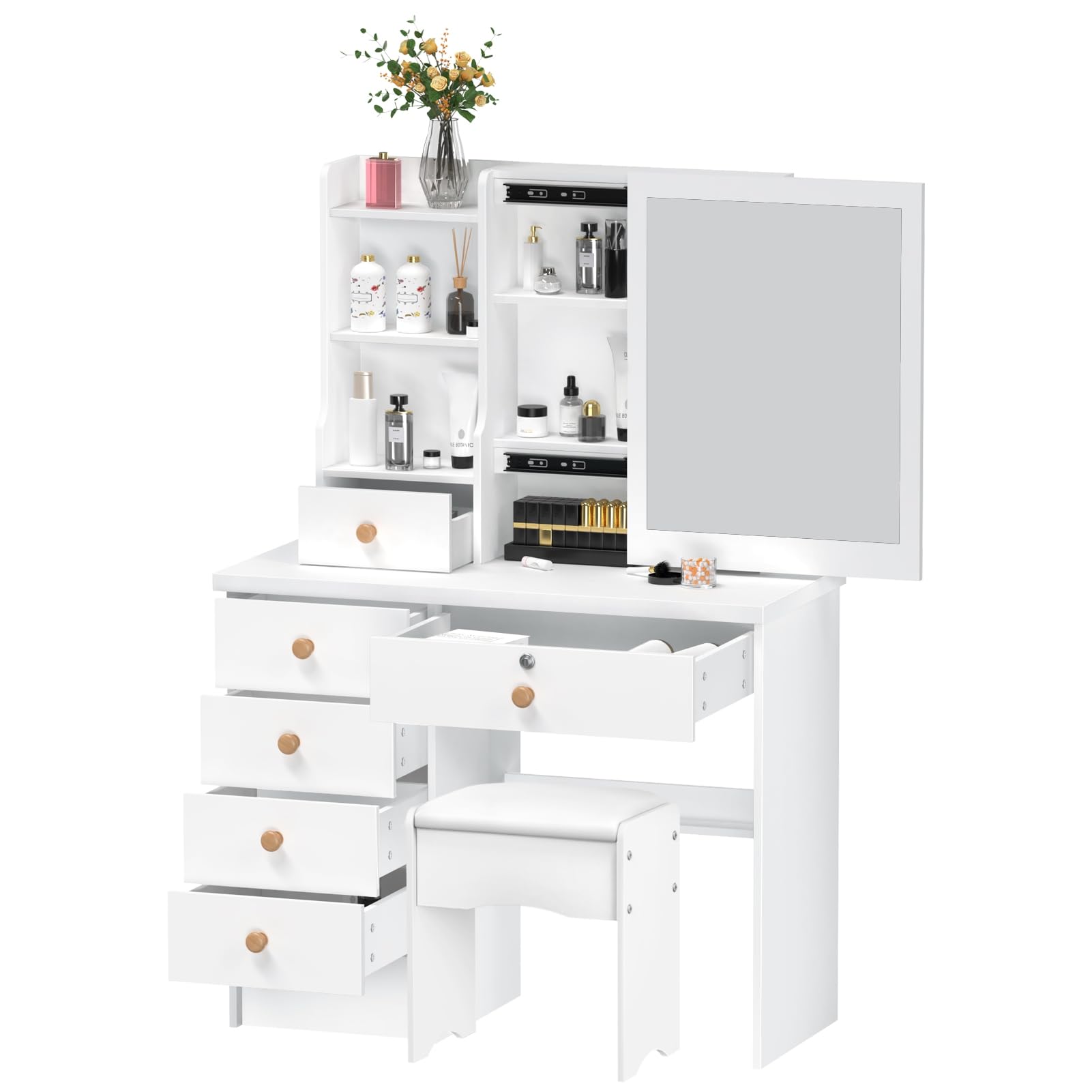 loyliawa Dressing Table with LED Lights, Vanity Desk with Sliding Mirror, Bedroom Dressing Table Adjustable Brightness Mirror, Makeup Desk with 6 Drawers, Open Shelves, Hidden Storage Space White