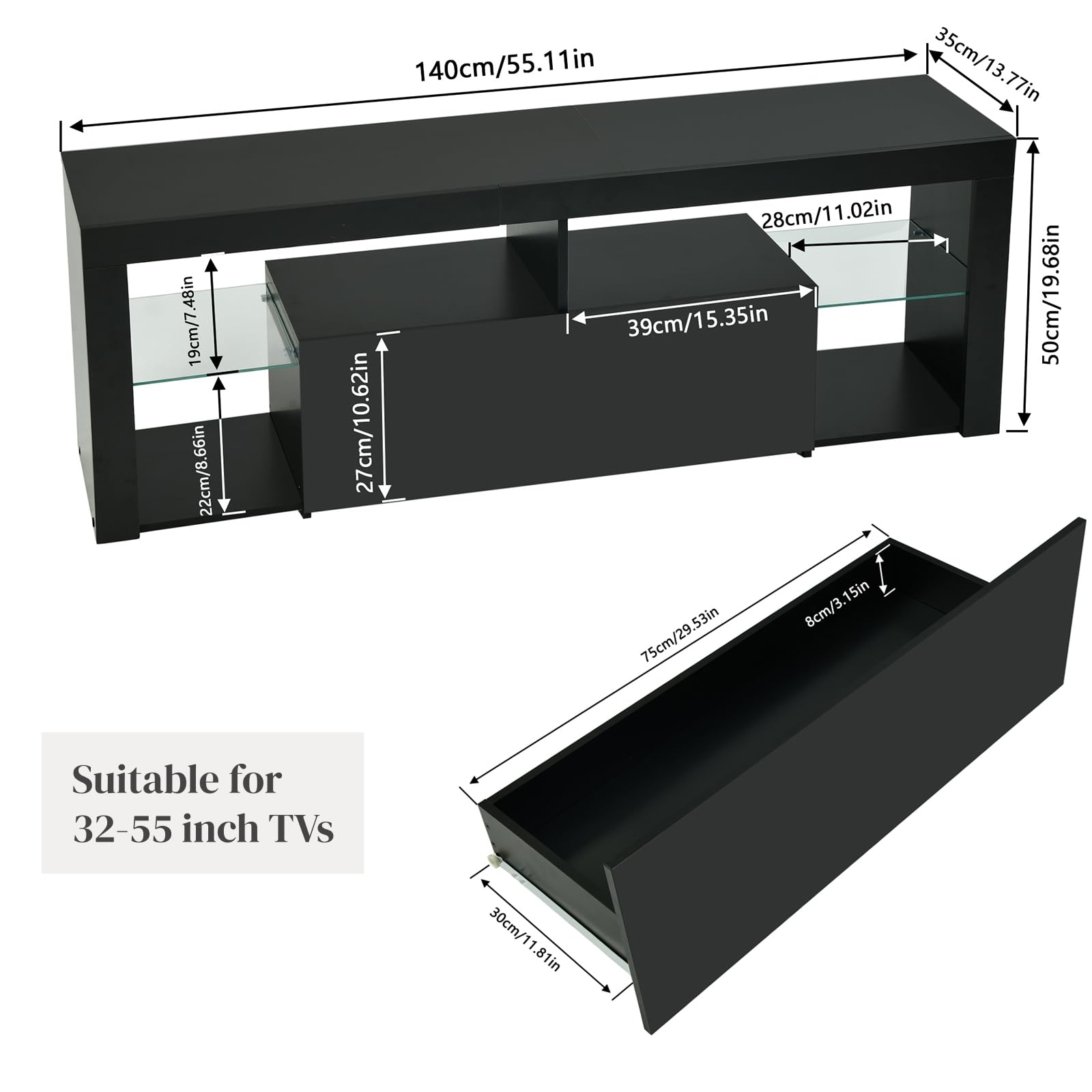 Meuble TV Noir 140cm Longueur avec Bande Lumineuse, Meuble Télé Moderne avec Étagères en Verre et Tiroir, Meuble TV Bas avec Rangement pour Salon, Chambre et Gaming (140x35x50cm)