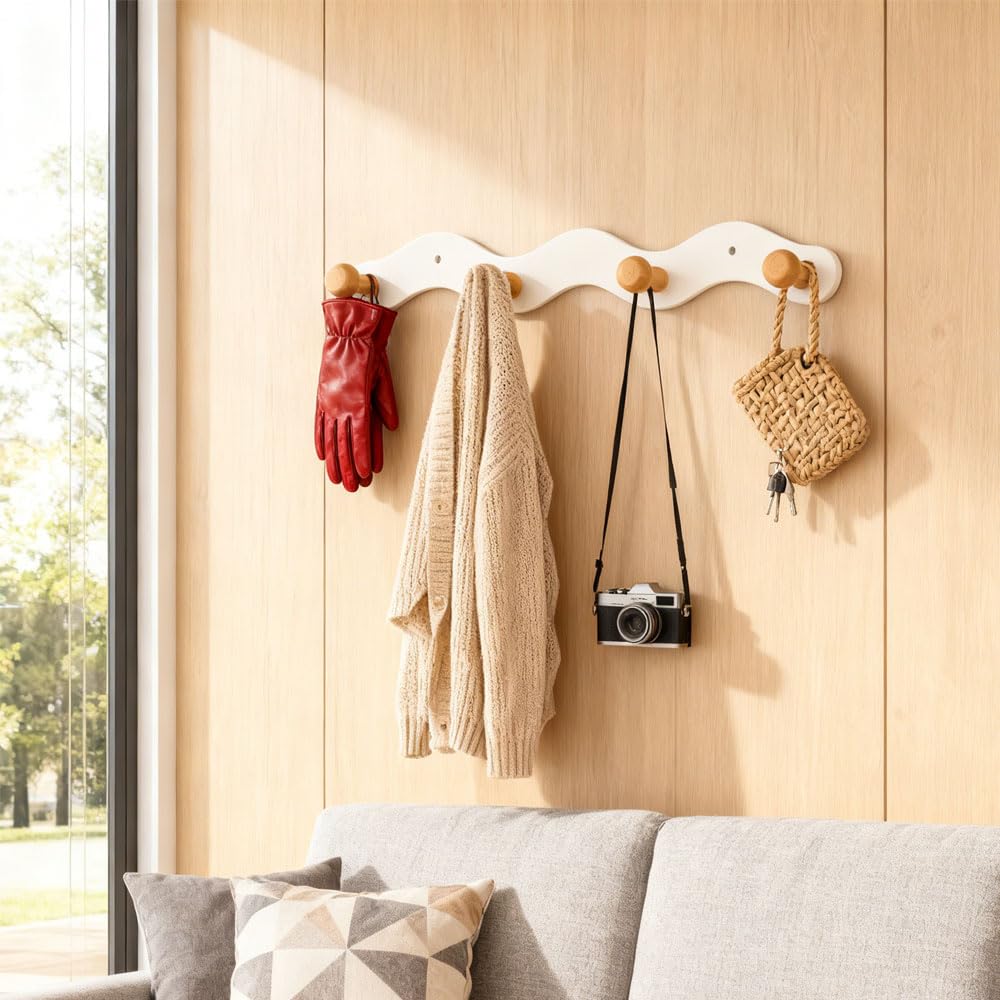 Porte-manteau mural sans perçage - 35,5 cm - Avec crochets en bois - Double option de montage pour garde-robe d'enfant, couloir, chambre d'enfant, salon et salle de bain