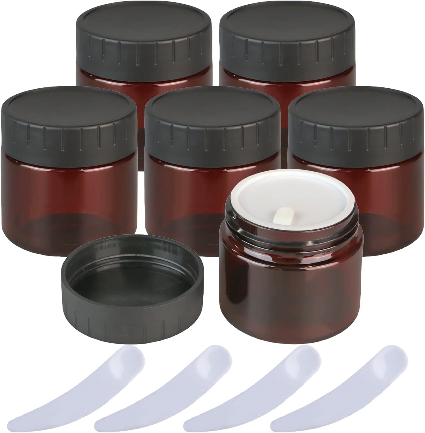 FLYIODFCXV cosmetic jar, Pack of 6, Empty Brown Plastic Cosmetic Jar Pots with Inner Liners and Black Lids(100ml)