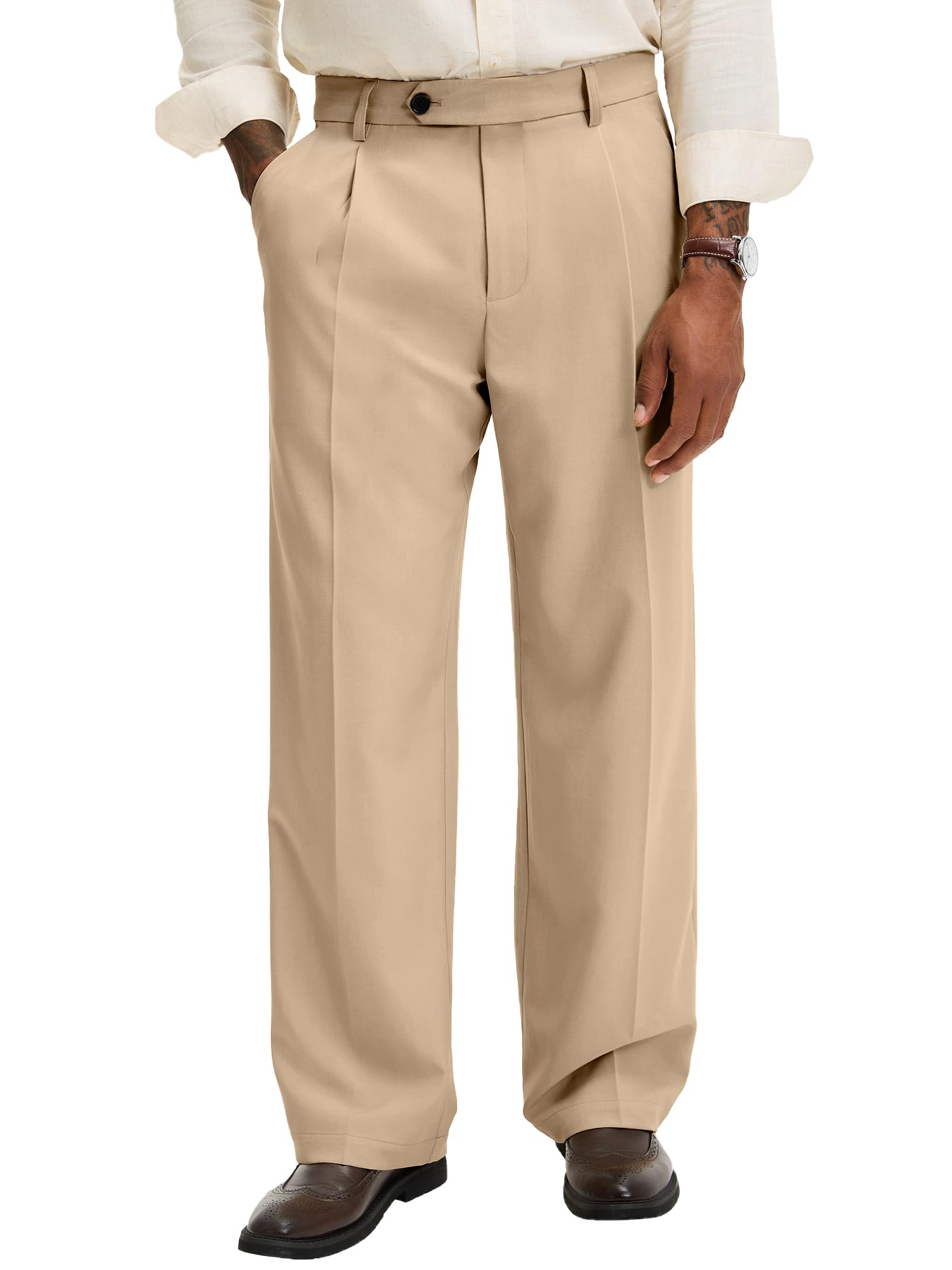 Comdecevis Men's Pleat-Front Dress Pants 30" 32" Relaxed Fit Wrinkle-Free Trousers for Men