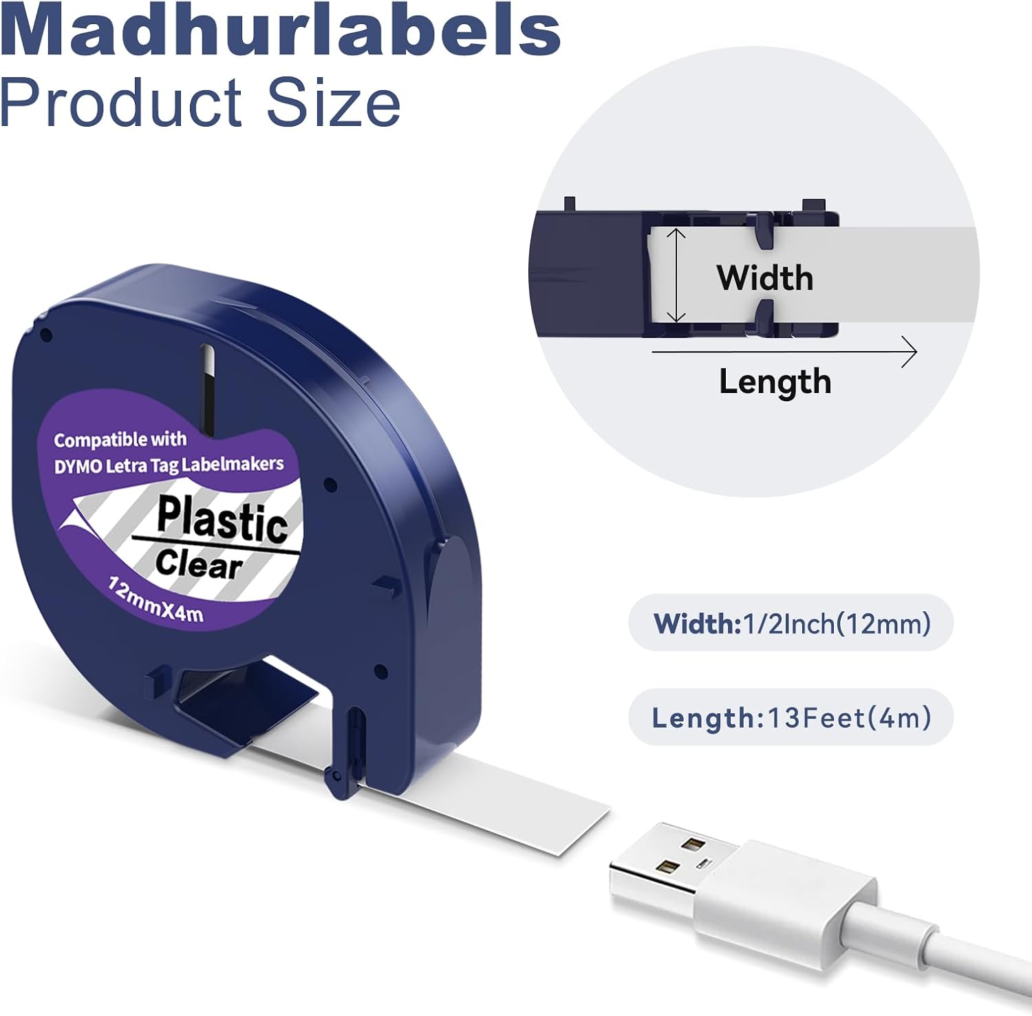 5-Label Maker Tape Replacement for Dymo Letratag Refills Clear Plastic 12mm | Compatible with Dymo Label Maker Refills 1/2'' X 13' for Letratag LT100T LT100H QX50, Used for Marking &Identifing Items