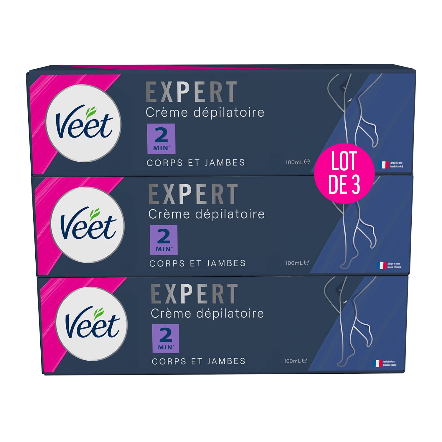 VEET Expert - Crema depilatoria peli tenaces, corpo e gambe, agisce in 2 minuti, confezione da 3 x 100 ml