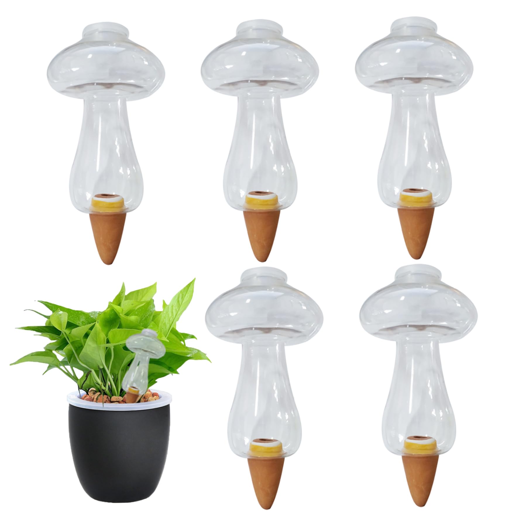 5PCS Terracotta Watering Spikes Plant Watering Globes 300ML Mushroom Shape Automatic Bulb Clear Plant Waterer Self- Stakes for 5 Days
