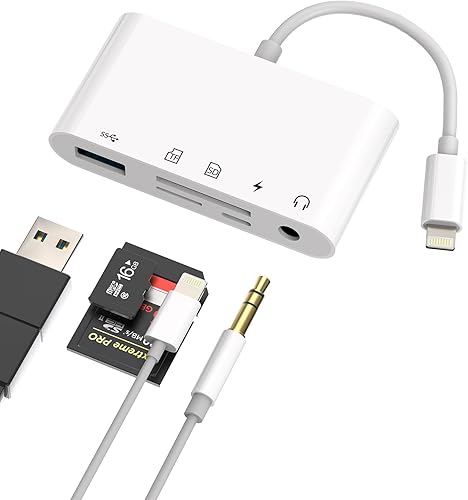 Lightning - Lector de tarjetas micro SD USB SD de 0.138 in para iPhone (5 en 1) adaptador de auriculares cargador OTG AUX cámara memoria TF Dongle