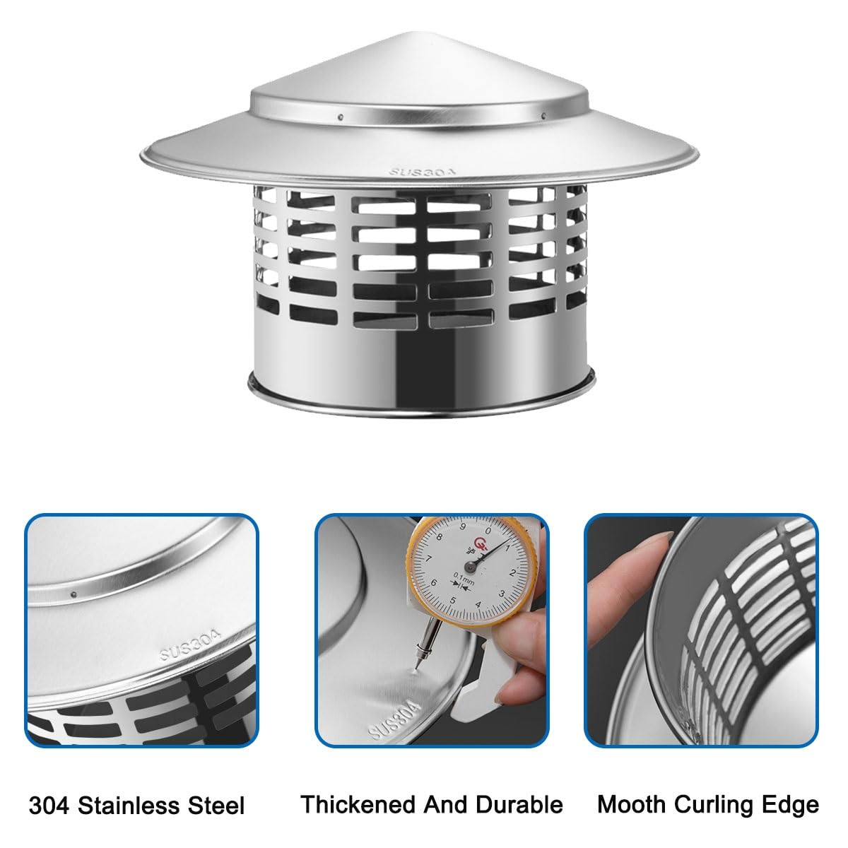 Tapa de chimenea de acero inoxidable 304 con malla, cubierta de ventilación, tapa de lluvia con parte superior cónica para tubo de estufa, tapa de chimenea resistente a la intemperie, protección