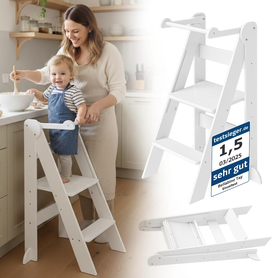 Bellabino Tay Lernturm ab 1 Jahr – Learning Tower 2-Fach höhenverstellbar & klappbar – Lernstuhl in Weiß für Kinder – Montessori Stehturm aus Birkenholz – sicherer Tritthocker mit Kippschutz