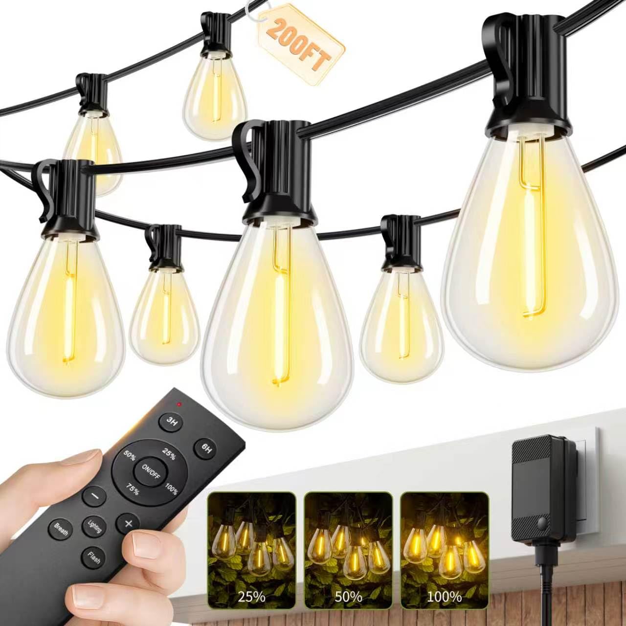 Sikitul 50FT Outdoor String Lights with Remote & Dimmable, 18+1 Shatterproof Waterproof Bulbs, Dimmable Outside Hanging Patio Lights for Backyard, Porch, Deck, Garden 2200K Warm Yellow — view 17