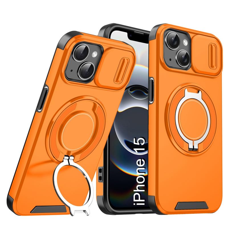 LuxuryKase Shockproof Rugged Case for iPhone 15 | Slide Camera Cover | 360° Rotating Ring Kickstand | Military-Grade Protection – Sunset Orange