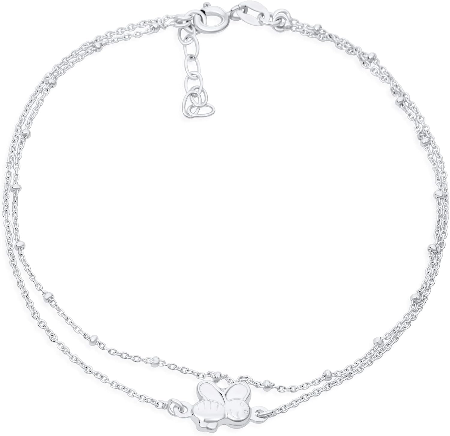 Bling Jewelry Queen Bumble Bee Charm Anklet Double Chain Ankle Bracelet For Women Wife Mother .925 Sterling Silver 9-10 Inch Adjustable