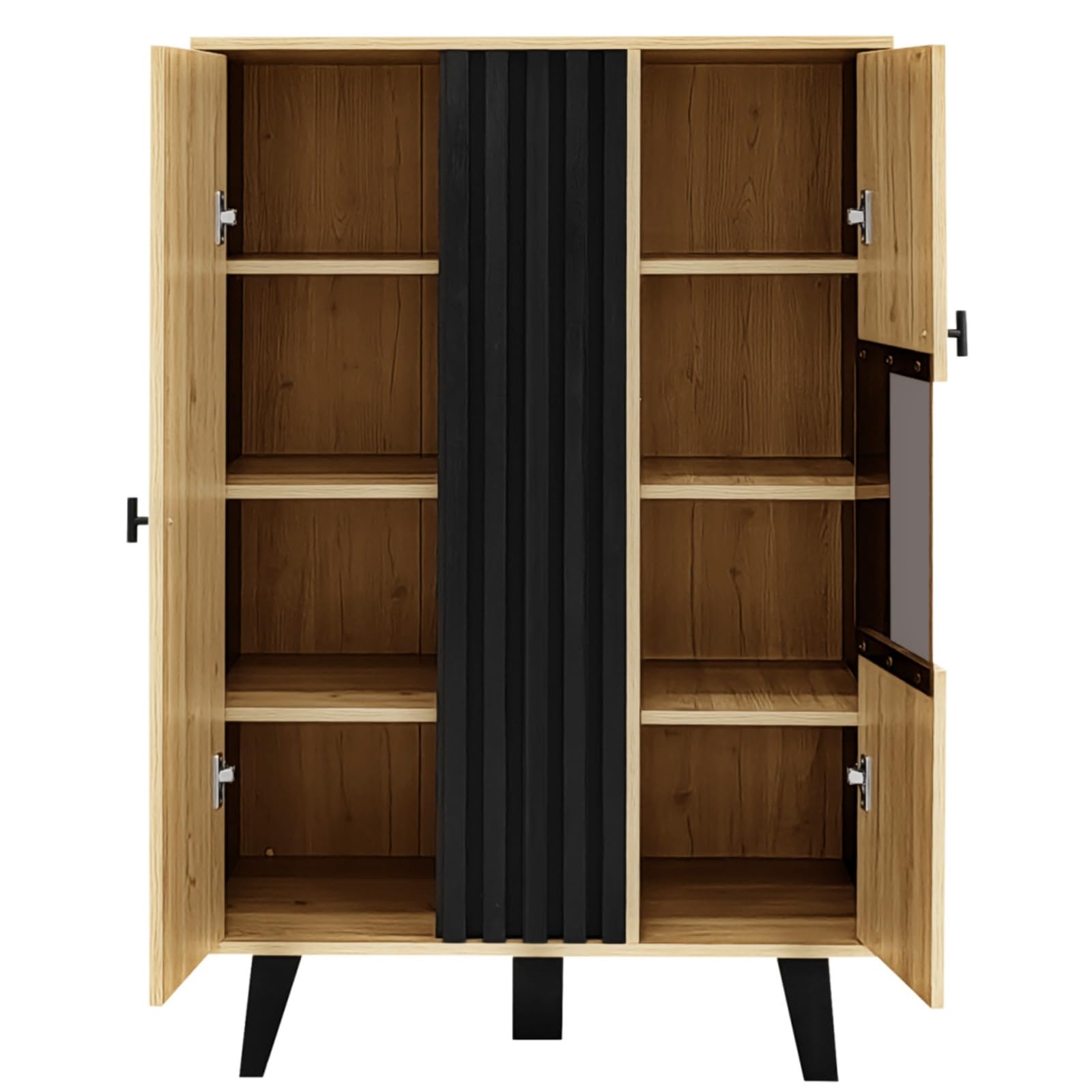 KOMHTOM Buffet noir et bois avec 4 grandes étagères, vitrine avec verre et lumières LED, armoire multifonction pour salon, chambre, couloir et salle à manger (A)