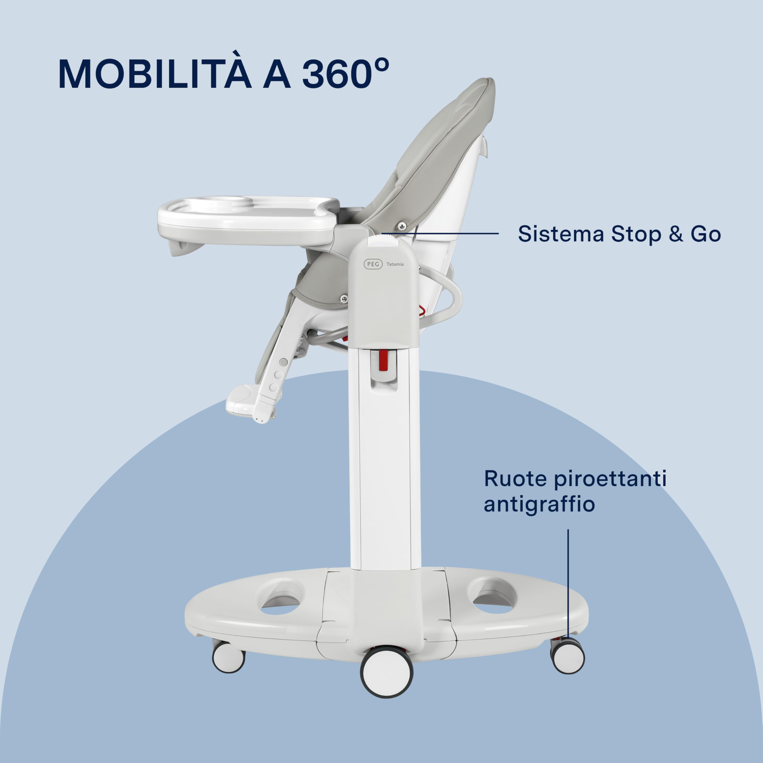 PEG Tatamia Follow Me Seggiolone Pappa 3 in 1 dalla Nascita: Seggiolone, Sdraietta e Dondolo, 9 Altezze, Doppio Vassoio, 6 Ruote, Pieghevole, 0–3 Anni (0–15 kg), Ice