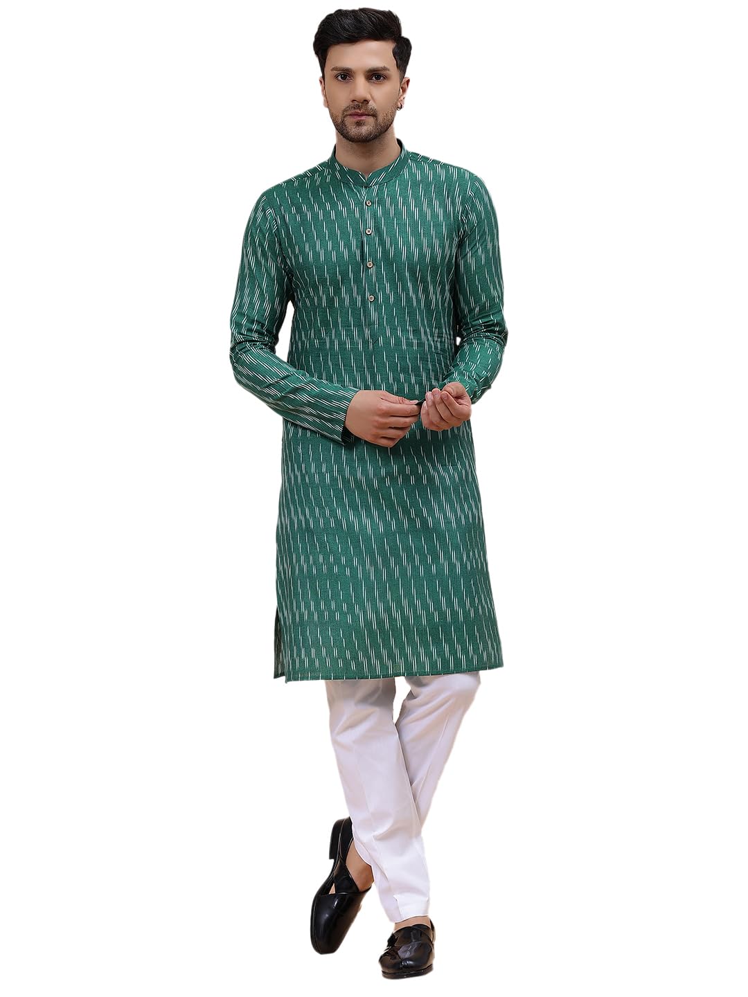 See Designs Green & White Cotton Regular Fit Mandarin Collar Printed Kurta Set Long Sleeves_Sdkt123601Xl