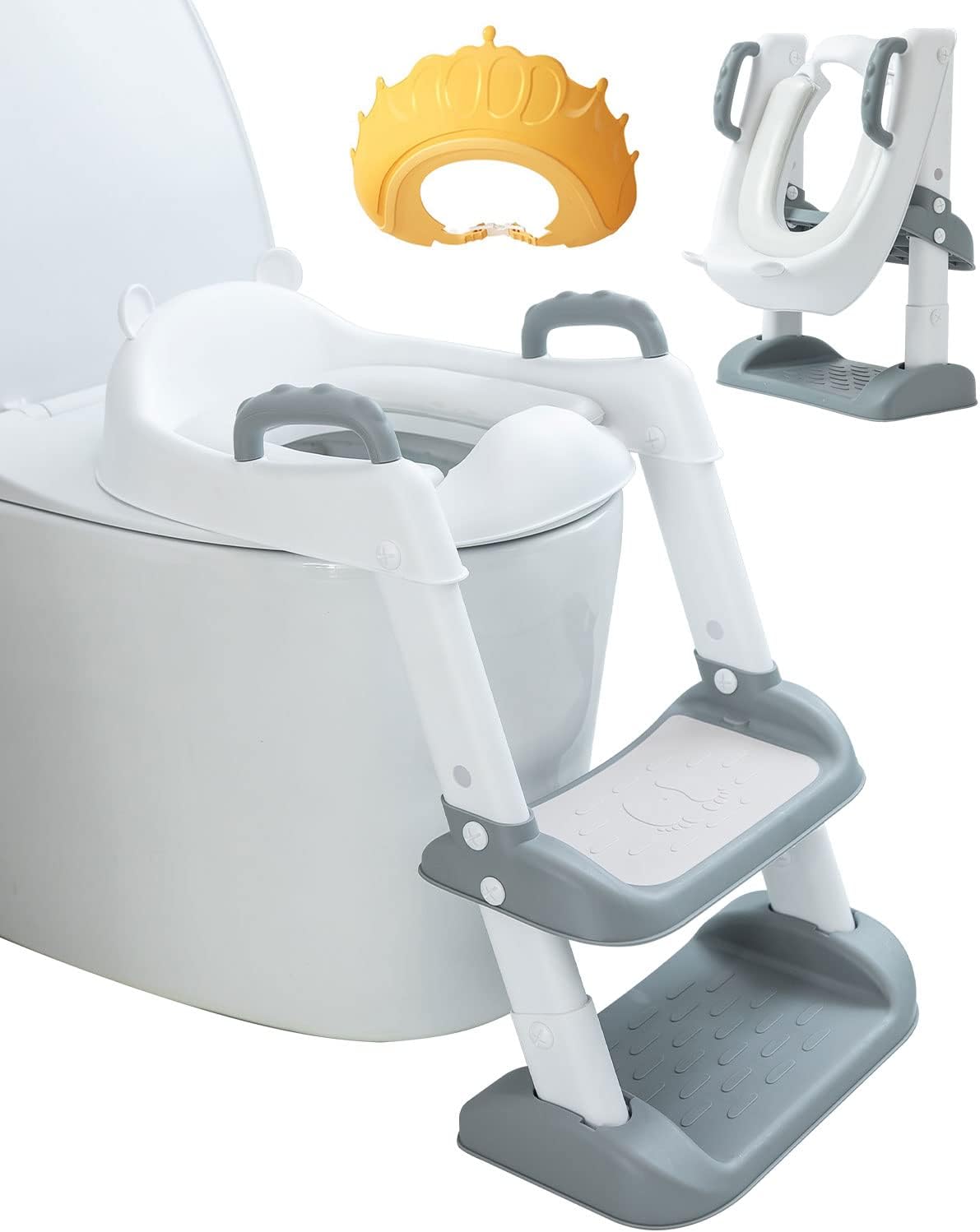 Upgraded Potty Training Toilet Seat with Ladder for Toddler, Baby, Kid, Foldable Non-Slip Toilet Seat Toddler with Step, Adjustable Height Toilet Pad Seat Stool with PU Padded Seat, Handler