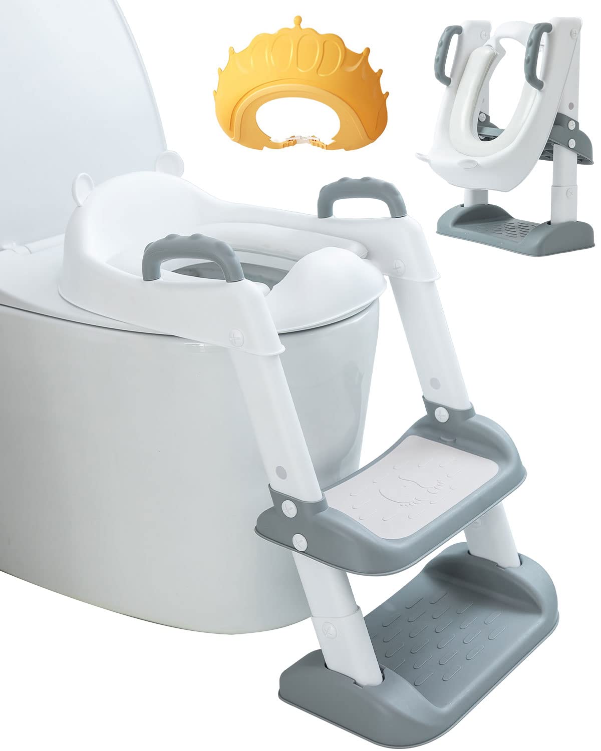 Upgraded Potty Training Toilet Seat with Ladder for Toddler, Baby, Kid, Foldable Non-Slip Toilet Seat Toddler with Step, Adjustable Height Toilet Pad Seat Stool with PU Padded Seat, Handler