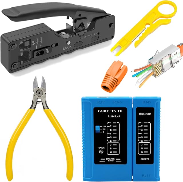 Redstar24 Zestaw narzędzi sieciowych szczypce zaciskowe RJ45 wtyczka Cat7 / Pass Through/Lan tester sieciowy/obcinacz boczny/ściągacz izolacji/wtyczka zaciskowa/kabel sieciowy narzędzie