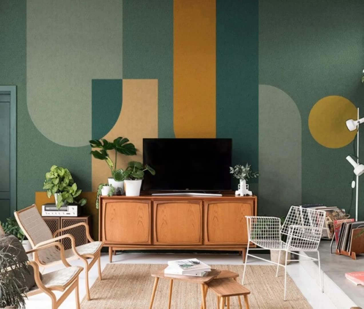 Green Orange Geometric Wallpaper Shapes Wall Paper Home Decoration Minimalistic Removable 100" H X 150" W
