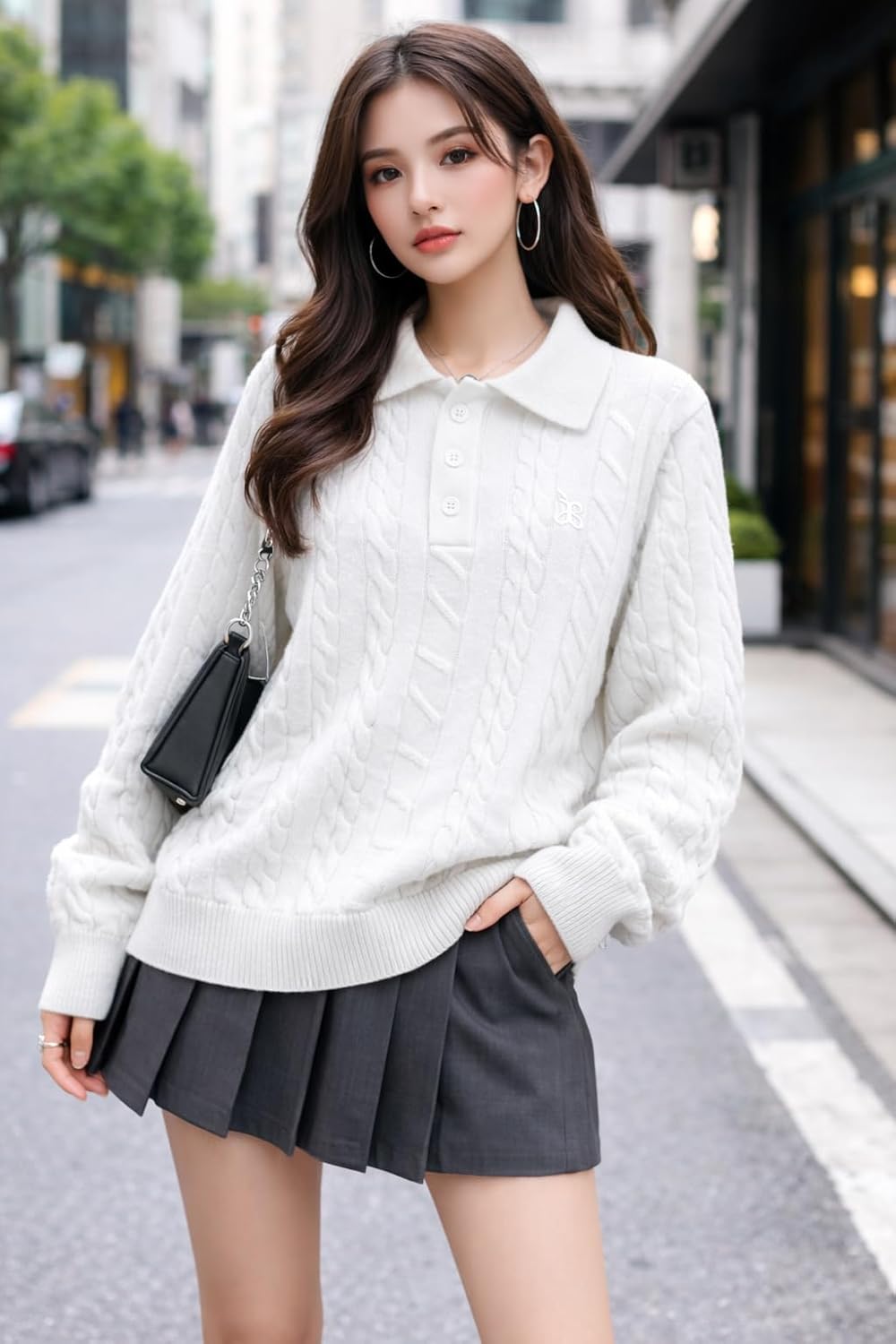 Aelfric Eden Womens Fall Long Sleeve Sweater Button Down Polo Lapel V Neck Cable Knitted Pullover Fashion Outfits - Image 2