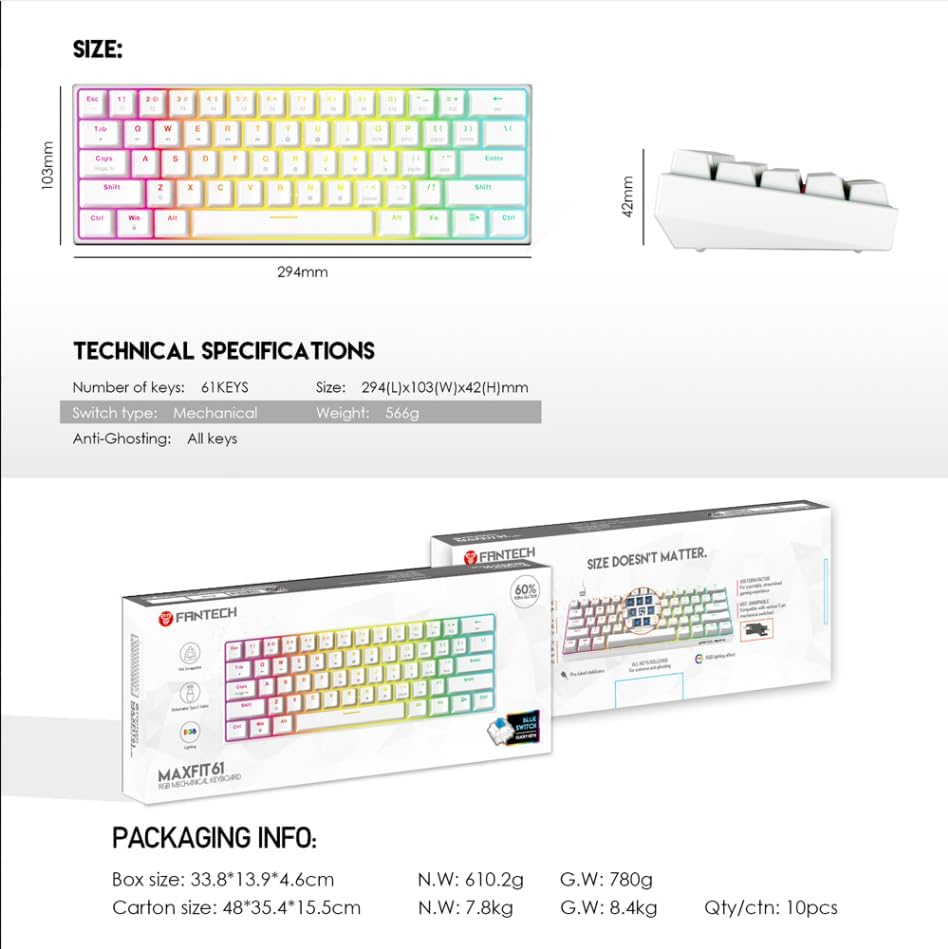 Diagram showing the dimensions and technical specifications of the FANTECH MAXFIT61 keyboard