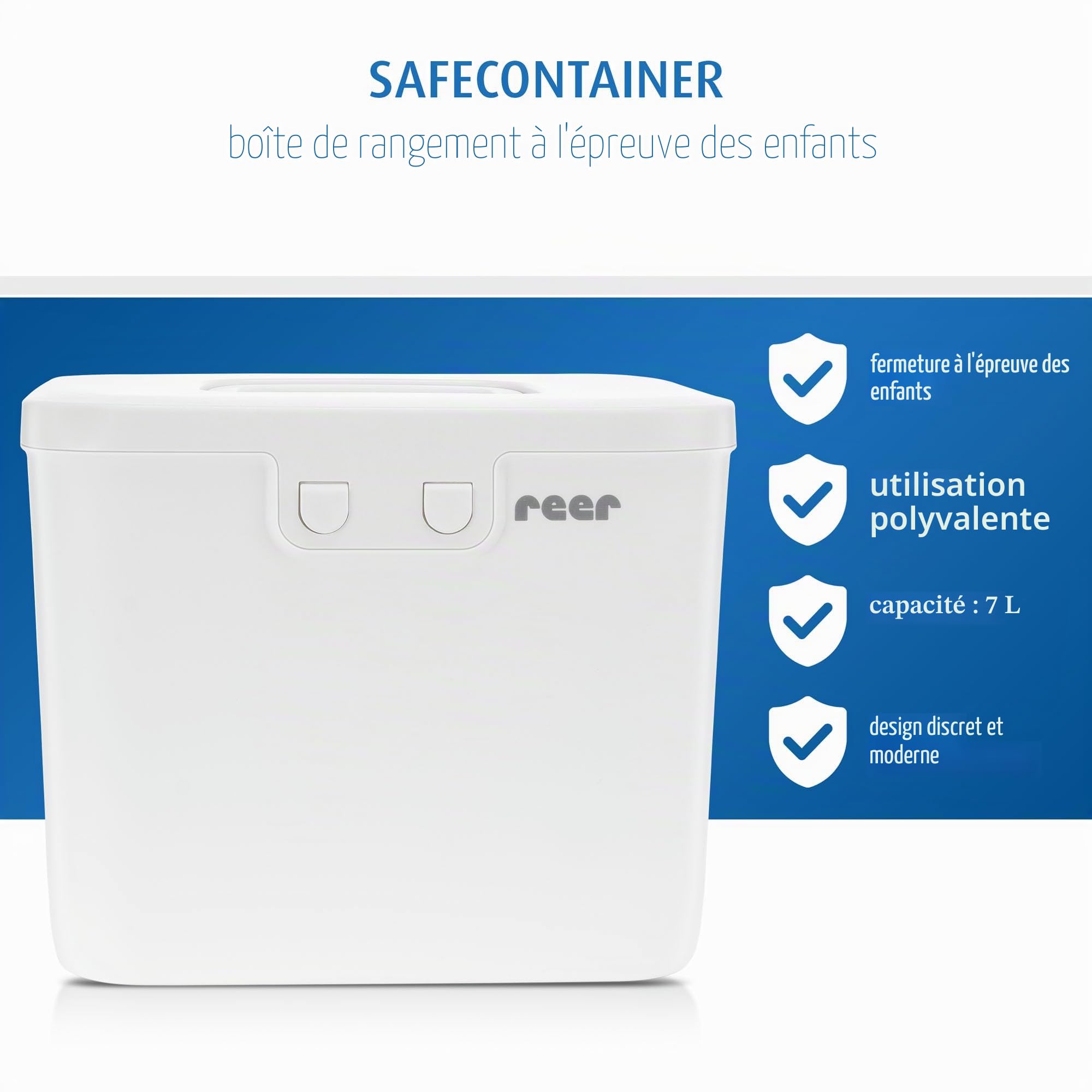 reer SafeContainer Boîte de rangement | Protection contre les petites pièces dangereuses | Fermeture sécurisée pour les enfants | Antidérapante | Fermeture sûre des tablettes de lessive, des piles,