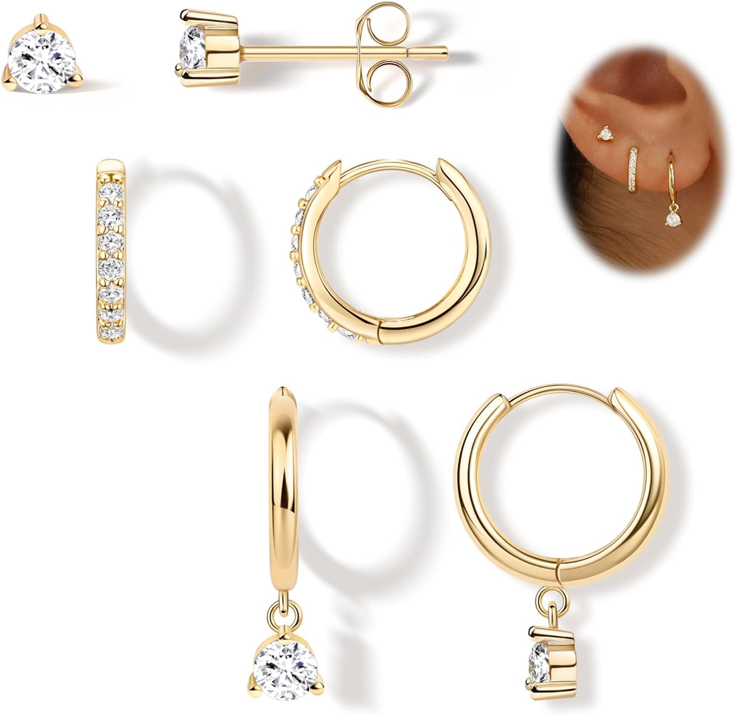 POXTEXJEWELRY Dainty Gold Stud & Huggie Hoop Earrings Set - Hypoallergenic Sterling Silver Dangle for Sensitive Ears, Multiple Piercings