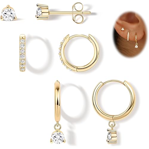 14K Gold Small Huggie Hoop Earrings Set for Women, Hypoallergenic Sterling Silver Studs for Cartilage and Helix, Cute Dainty Dangles Stackable Lightweight Trendy Diamond Jewelry Gift for Her