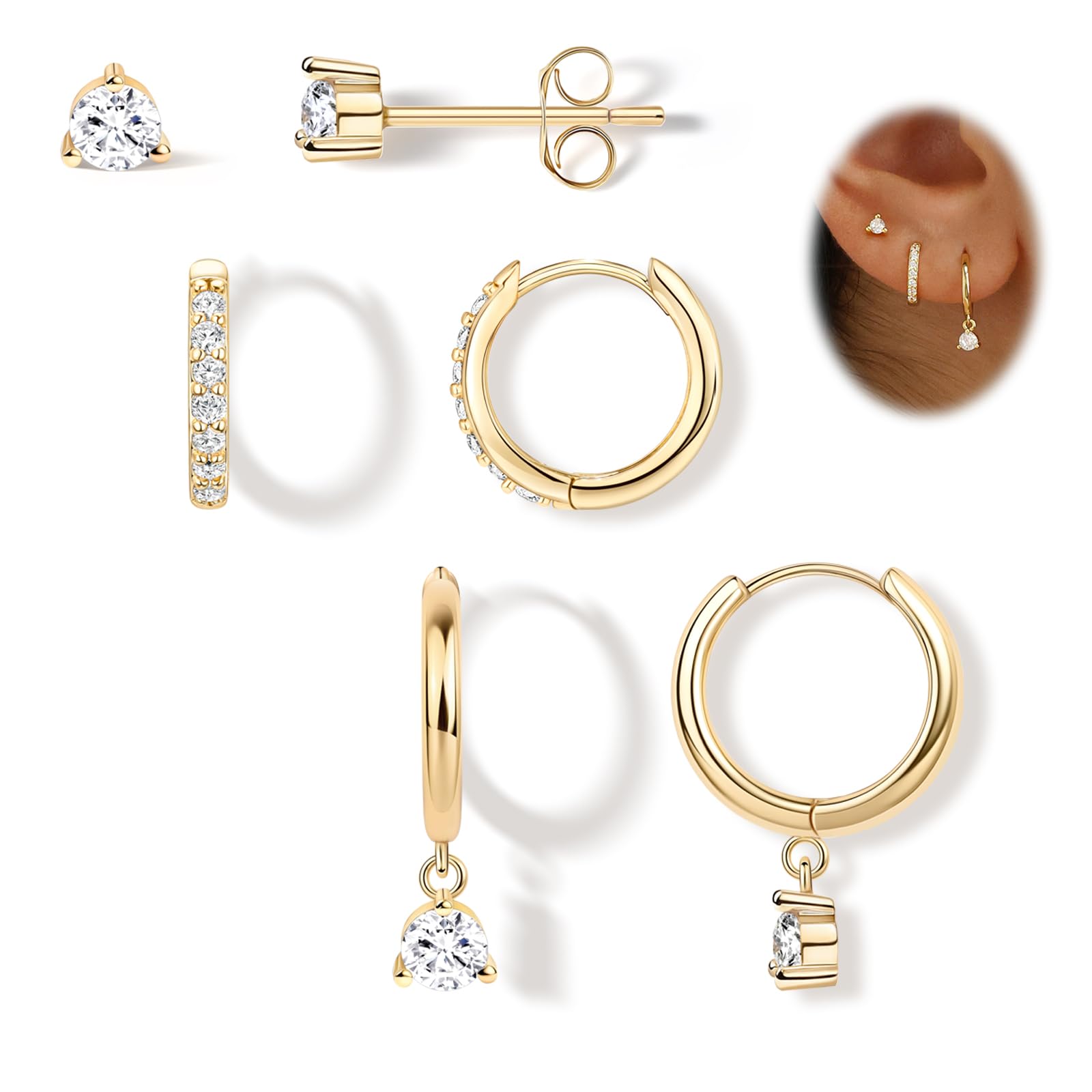 Diamond Dainty Gold Stud Earrings for Women, Small Hypoallergenic Sterling Silver Dangle Huggie Hoop Earrings for Multiple Piercings, Lightweight Trendy Jewelry Gift for Her