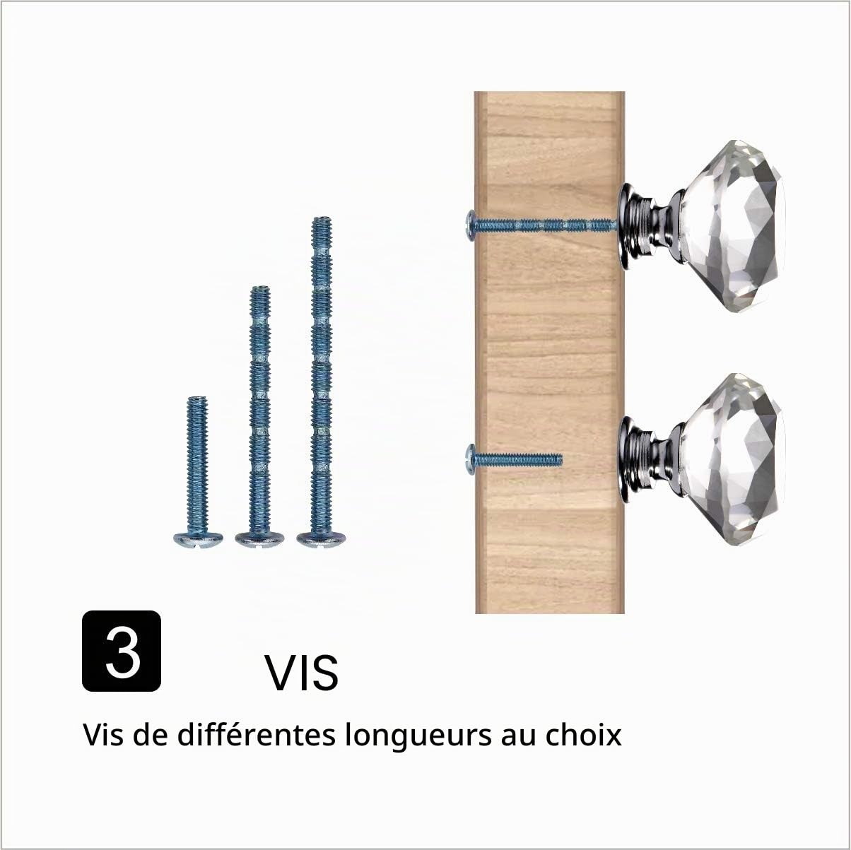 FURNIWARE 12 pièces boutons de tiroir en cristal, verre en cristal taillé en diamant de 42 mm avec vis de 3 longueurs différentes, boutons de tiroir modernes pour porte d'armoire, tiroir, armoire