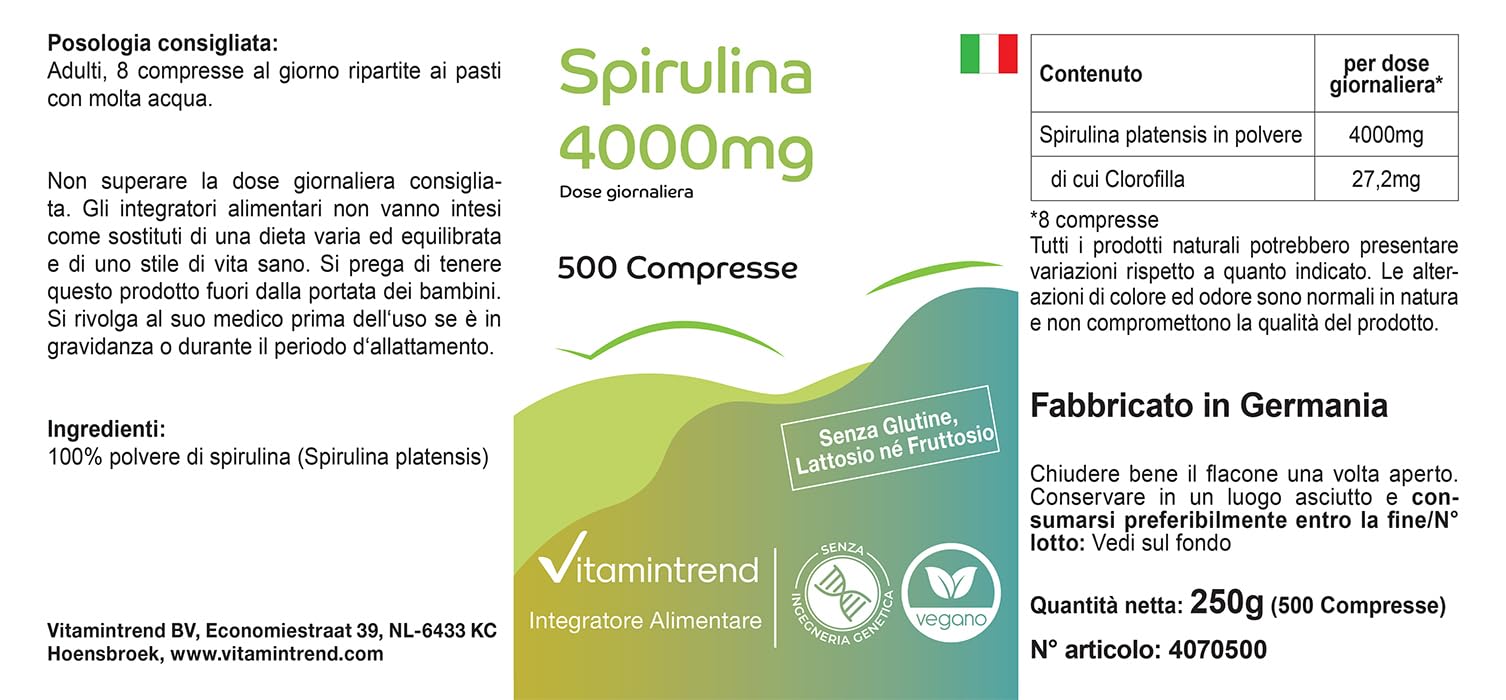 Vitamintrend Spirulina 4000 mg per dose giornaliera, 500 compresse, 100% Spirulina platensis, integratore alimentare vegano senza magnesio stearato, prodotto in Germania