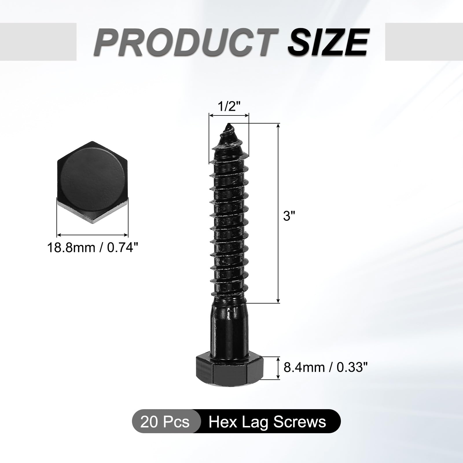 QUARKZMAN Viti A Testa Esagonale 1/2" X 3" Con Filettatura Parziale, 20 Pz In Acciaio Inox 304 Con Testa Esagonale E Rivestimento In Zinco Nero