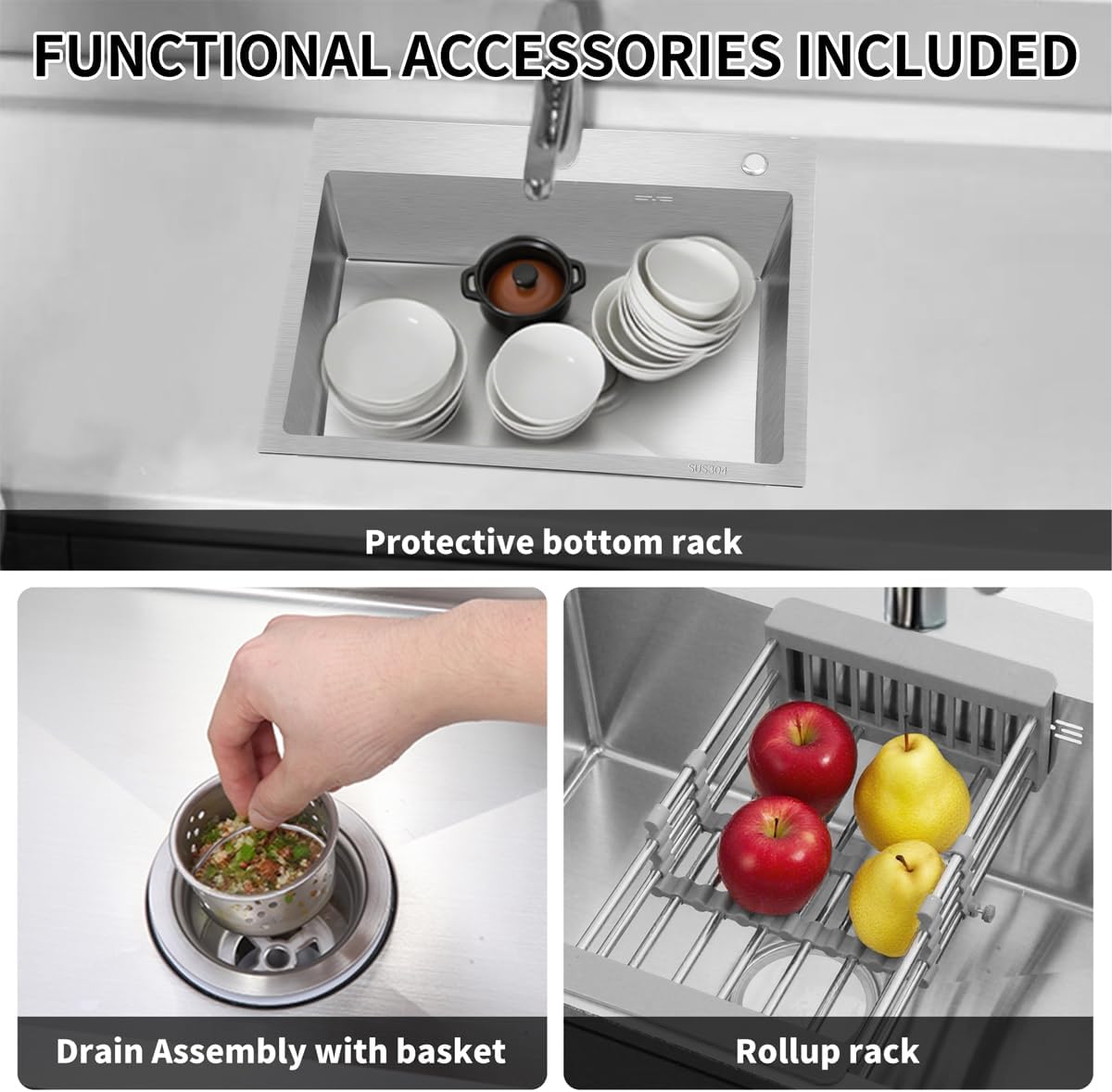 30 inch Kitchen Sink Drop in Stainless Steel Top Mount Sink with Brushed Finish, Single Bowl Workstation Sink with Basket Strainer and Kitchen Sink Caddy Organizer 29.5"D x17.7"W x 8.3"H