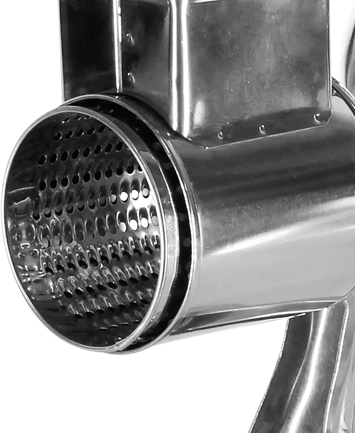 Stainless steel rotary vegetable and cheese grater and potato slicer with 5 blades; dishwasher safe.