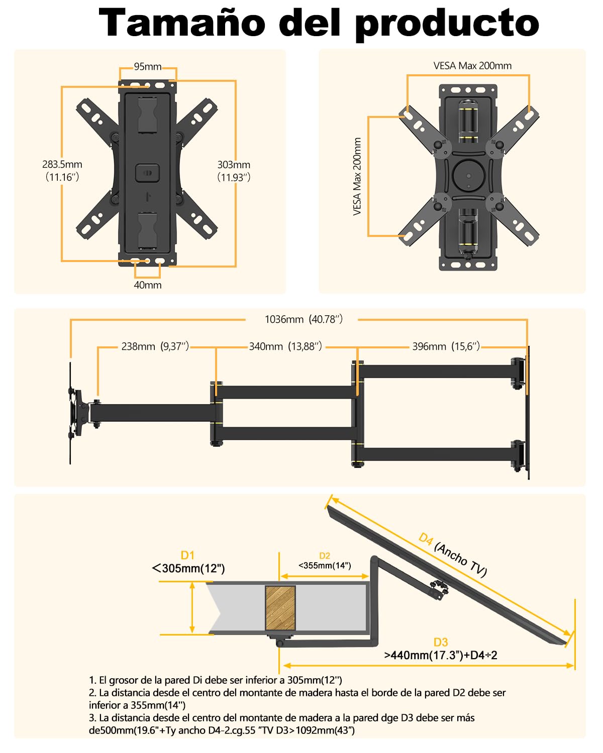 Soporte TV Pared con 1036mm Brazo Articulado para Pantallas Planas y Curvas de 13-43 Pulgadas, Soporte Pared TV Inclinable y Giratorio con 180° Rotación de Movimiento Completo, VESA 200x200mm