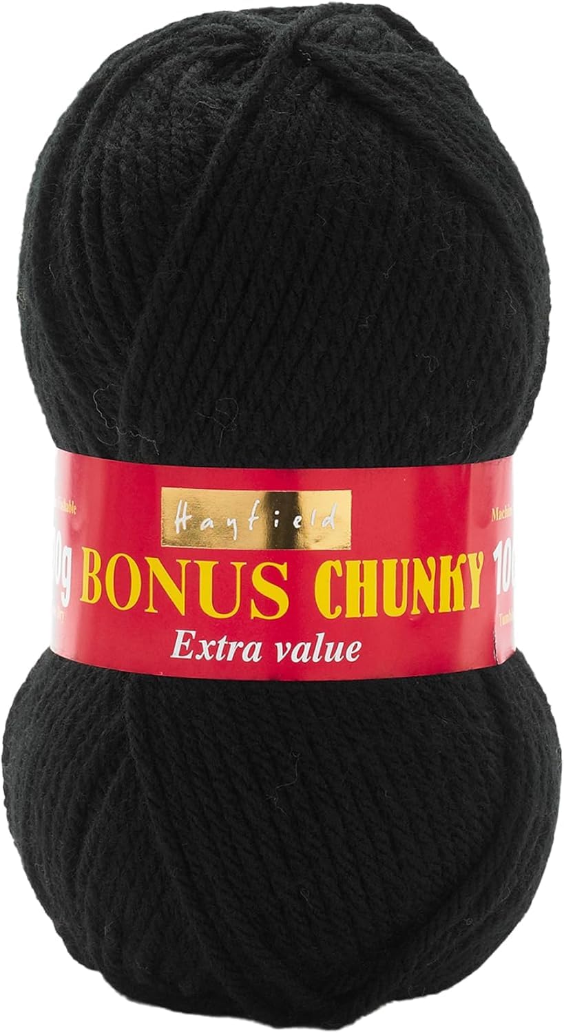 Sirdar Hayfield Bonus Chunky, Black, 100g, 100% Acrylic, 137m (150yds), 14st x 19rows to 10cm, 8mm Knitting Needle, I/9 (5.5mm) Crochet Hook