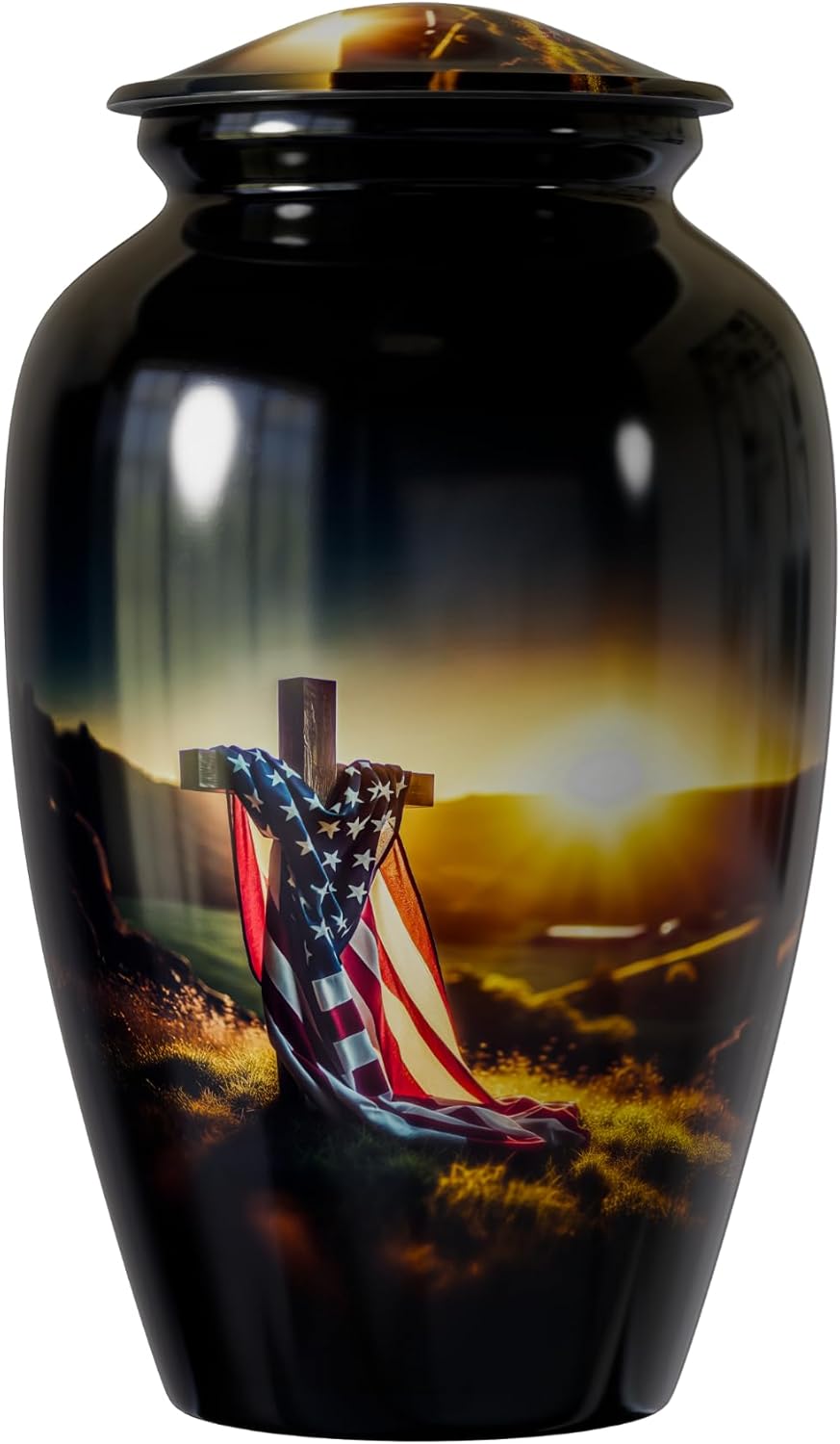 American Flag Memorial Urn for Adult Ashes - 10.2" Sunset Cross Cremation Urn - Military Tribute with Patriotic Artwork & Velvet Bag -Cross Urn for Ashes Adult Male/Female - 200 Cubic Inch Capacity