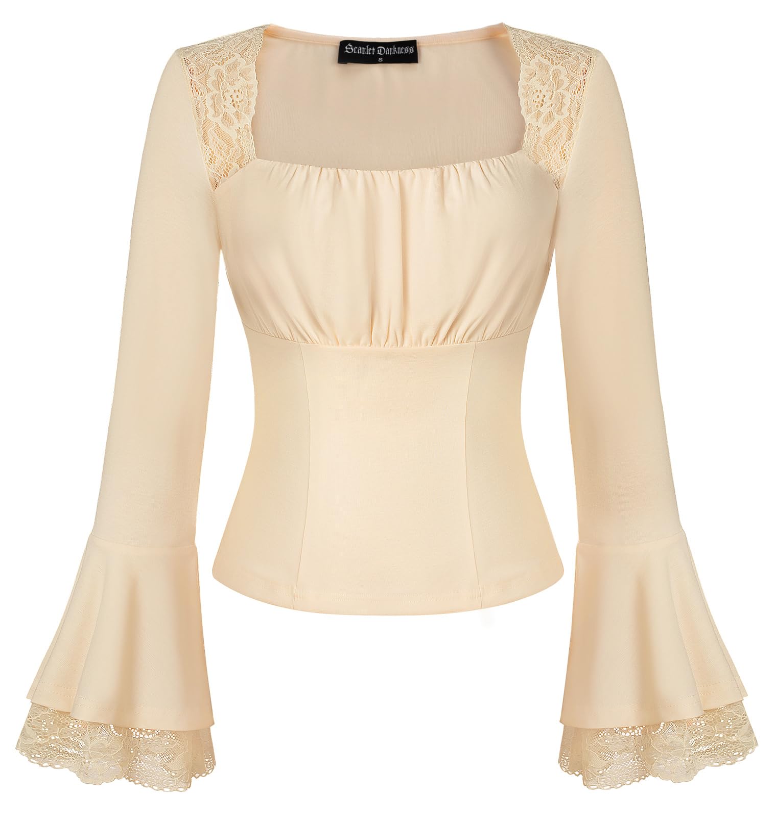 SCARLET DARKNESS Womens Apricot Gothic Lace Shirt Ruched Bust Steampunk Y2K Top Long Sleeve Wedding Date Vintage Medieval Tops XL