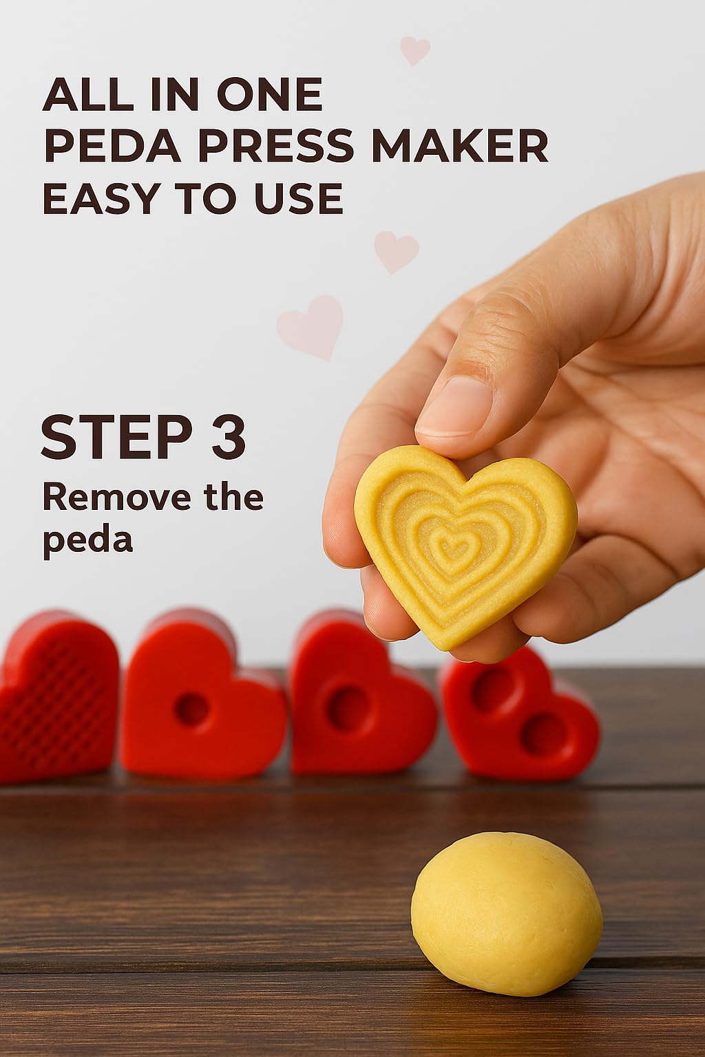 APOLLINE INDIA® Love-Themed Sweet Press Tool – 1.5 inch Heart Shape Mawa Peda & Cookie Maker | 5 Molds with Spring Handle | Sweet Fast Stamping Ideal for Festive Gifting (Pack of 1) 4