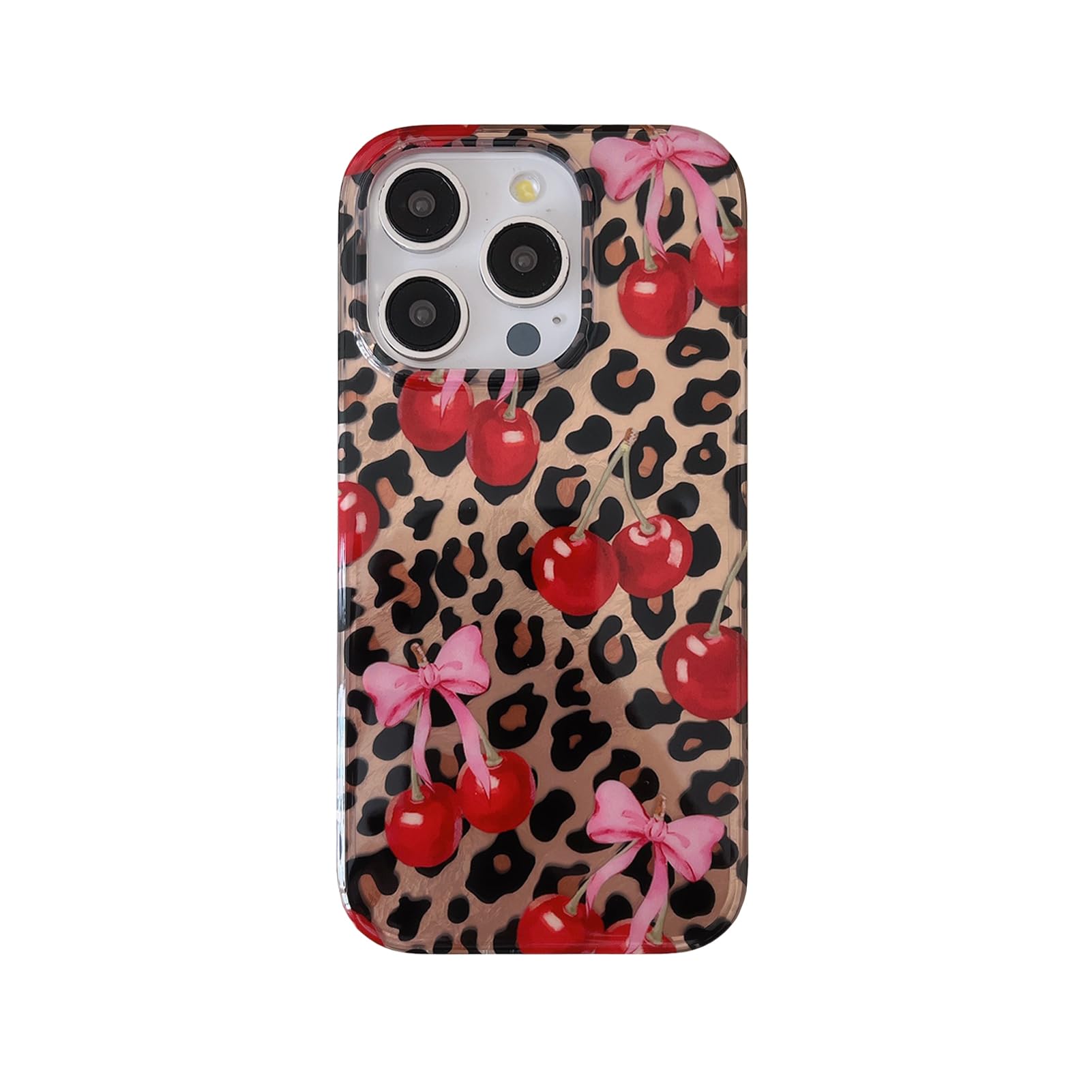 owwiktten Cherry Bow Cheetah Print Glitter Phone Case for iPhone 14/iPhone 13 6.1",Trendy Cute Retro Brown Leopard Pink Bows Aesthetic Bling