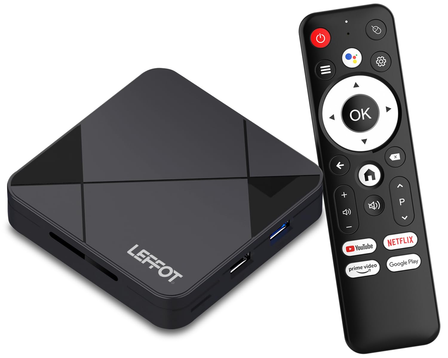 LEFFOT Android 14 TV Box, 4K Ultra HD Smart TVbox Android, 2GB RAM + 16GB ROM Android Box, Soporte HDR10, Remoto de Voz, 2.4G y 5G WiFi 6, Ethernet 100M, BT 5.4, USB 3.0, RK3518 Quad Core A53