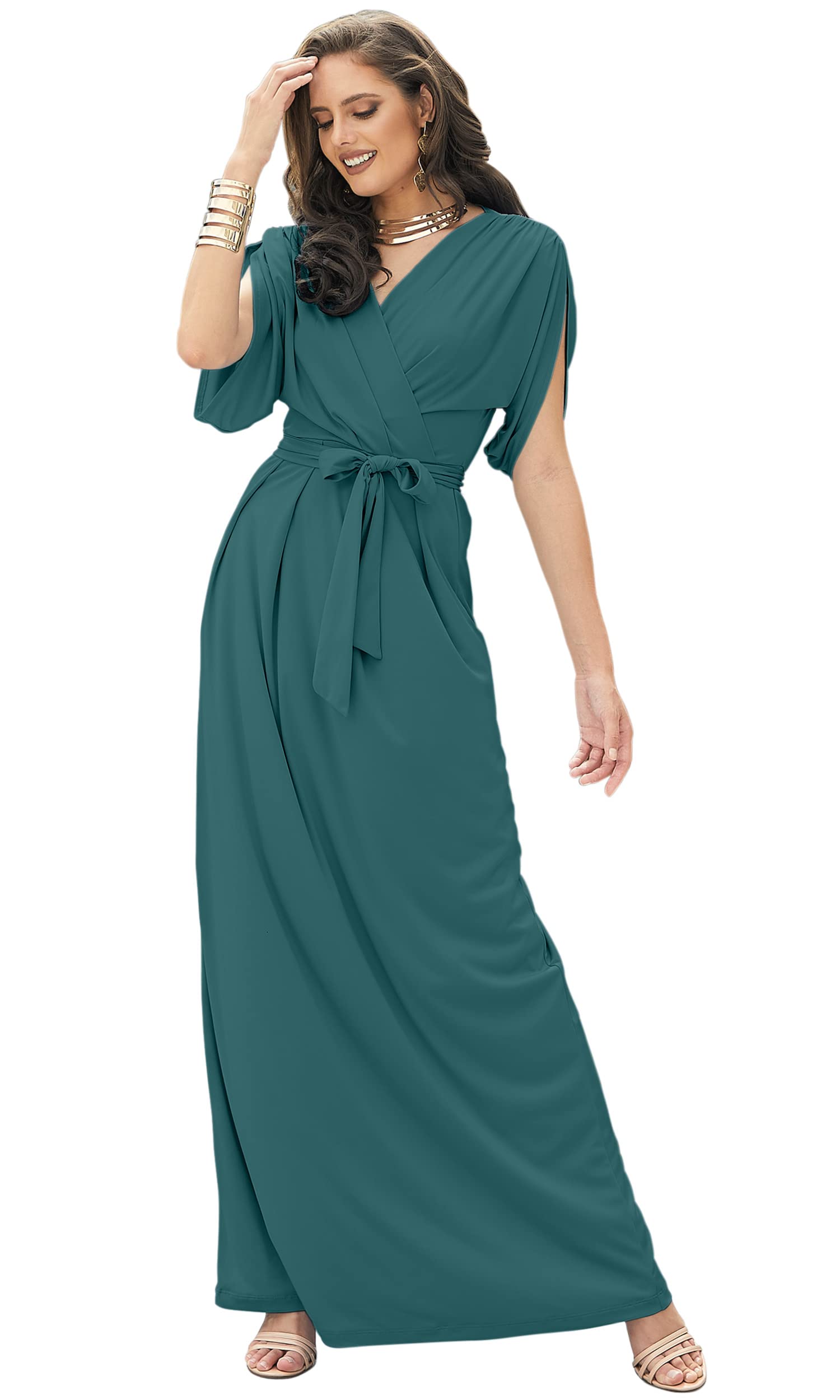 KOH KOH Plus Size Womens Long Formal Short Sleeve Cocktail Flowy V-Neck Casual Bridesmaid Wedding Party Guest Evening Cute Maternity Work Gown Gowns Maxi Dress Dresses, Teal Green 2XL 18-20