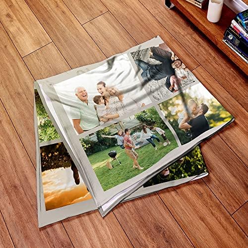 L&S PRINTS Extra Large 150cm x 150cm Personalised Blue Gingham Heart Photo Blanket | Add 12 Photos Custom Fleece Throw | Picture Collage Idea | Blue Personalised Photo Blanket - Made in England
