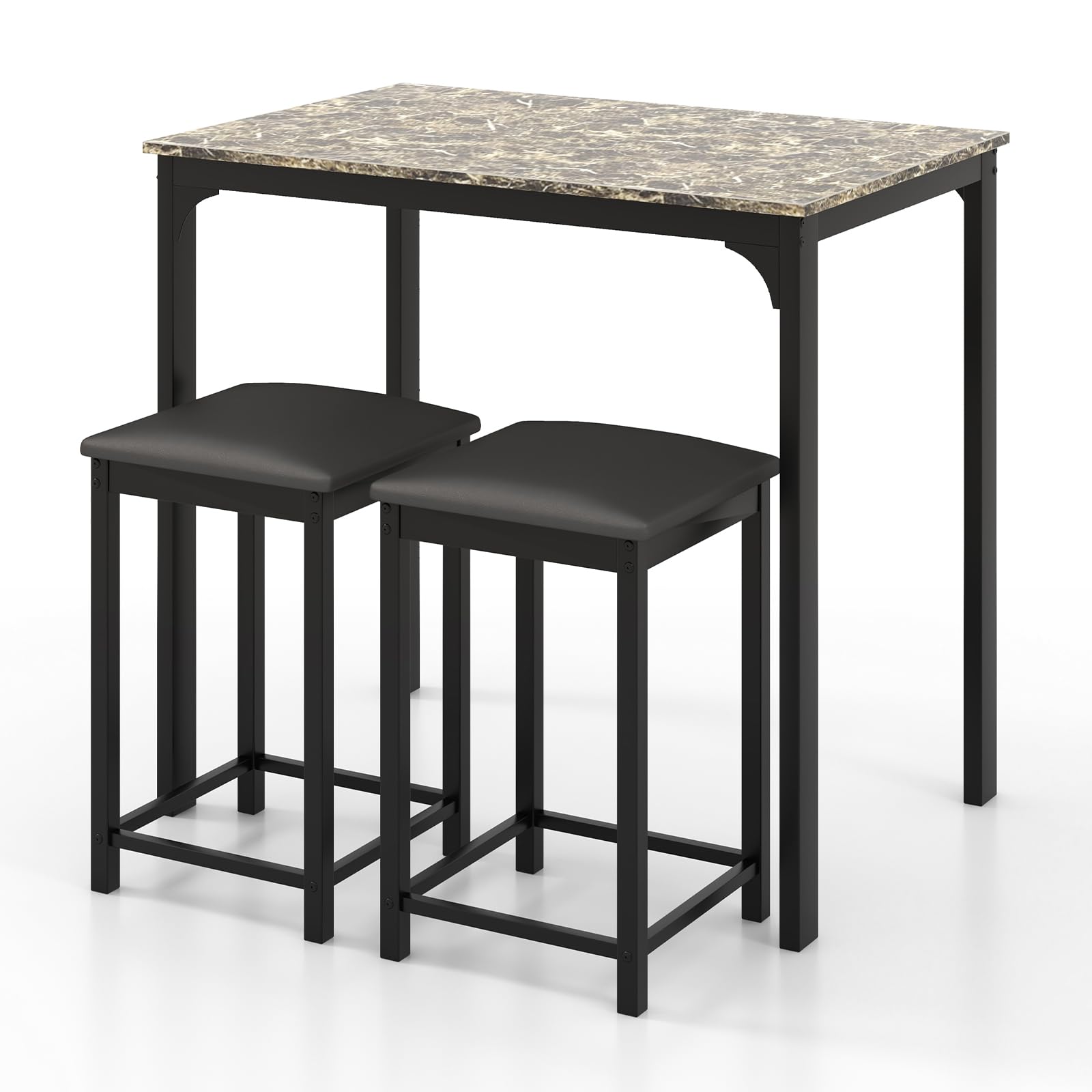 TANGZON Bar Table Set with 2 Stools, 3 Piece Breakfast Counter Table Set with PU Leather Pad and Marble Vein Tabletop, Metal Frame Pub Table and Chairs Dining Sets (Brown)