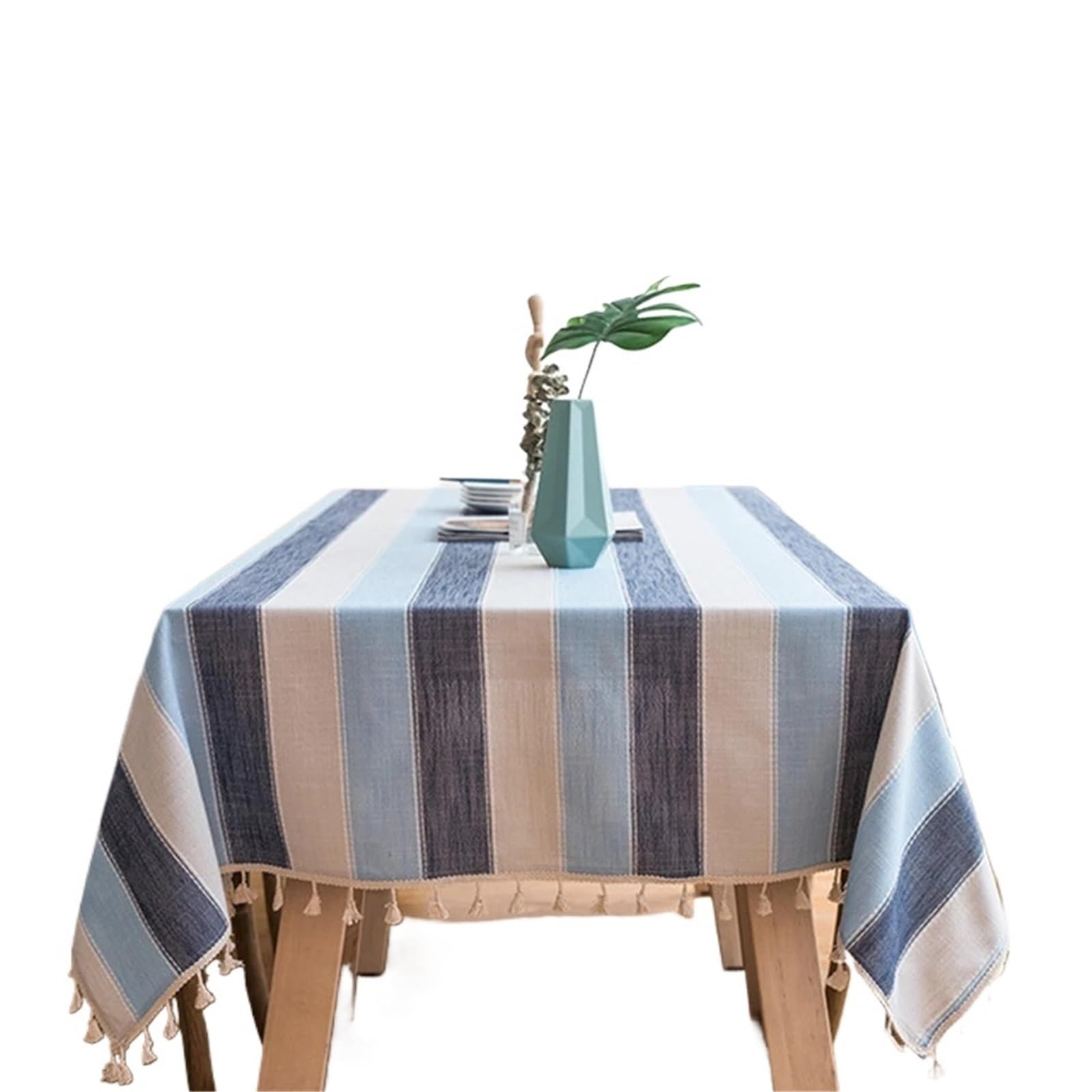 FonHNDG Striped Tablecloth Cotton Linen Tablecloth,Multiple Color Stripe Tassels Rectangle Dust-Proof Table Cover,For Dinning Party Tea Decoration(Blue,140x180cm)